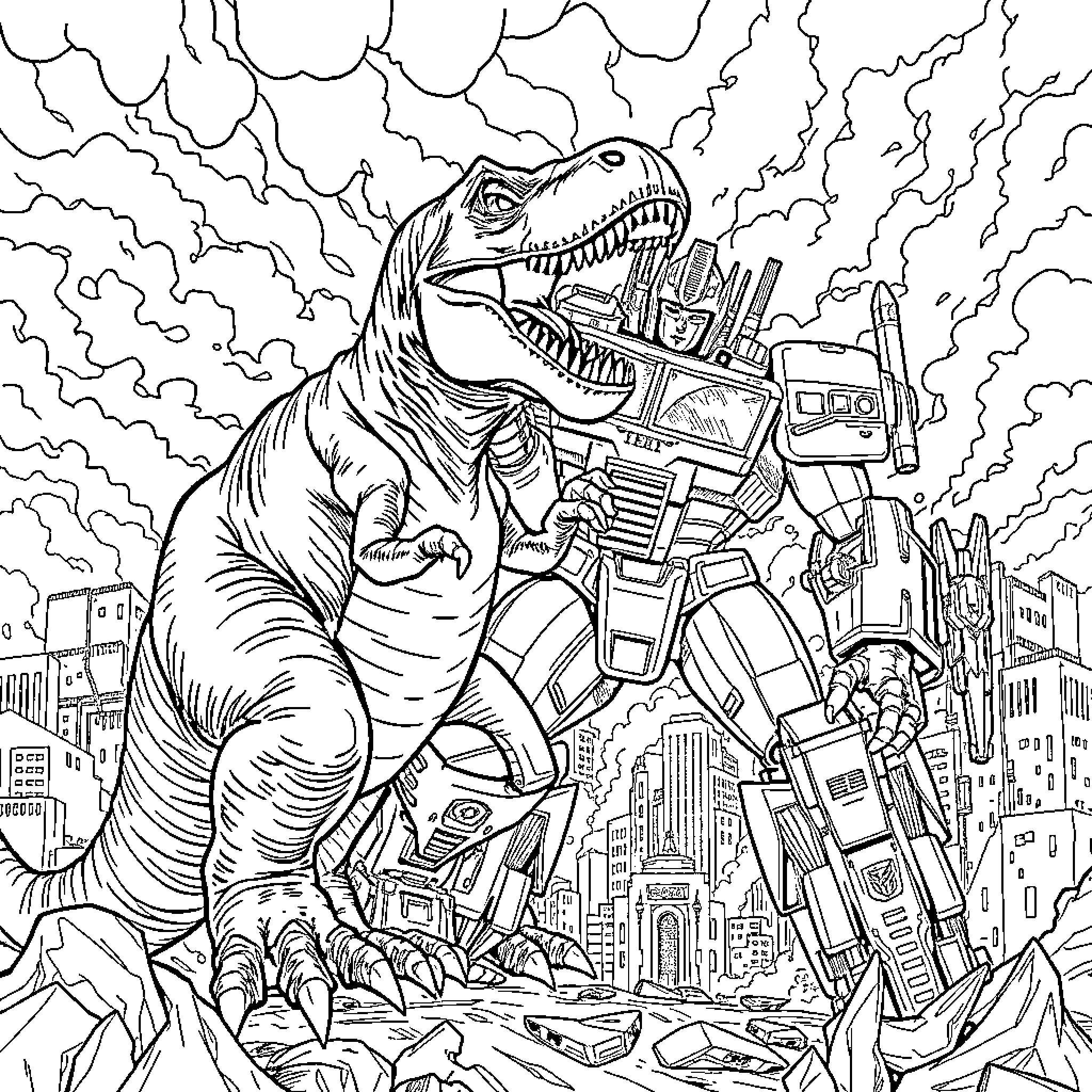 T-Rex Unleashes Robotic Destruction Through City Coloring Page (free black-and-white line drawing printable PDF for all, from beginners to advanced learners, including children, teens, adults, and seniors)