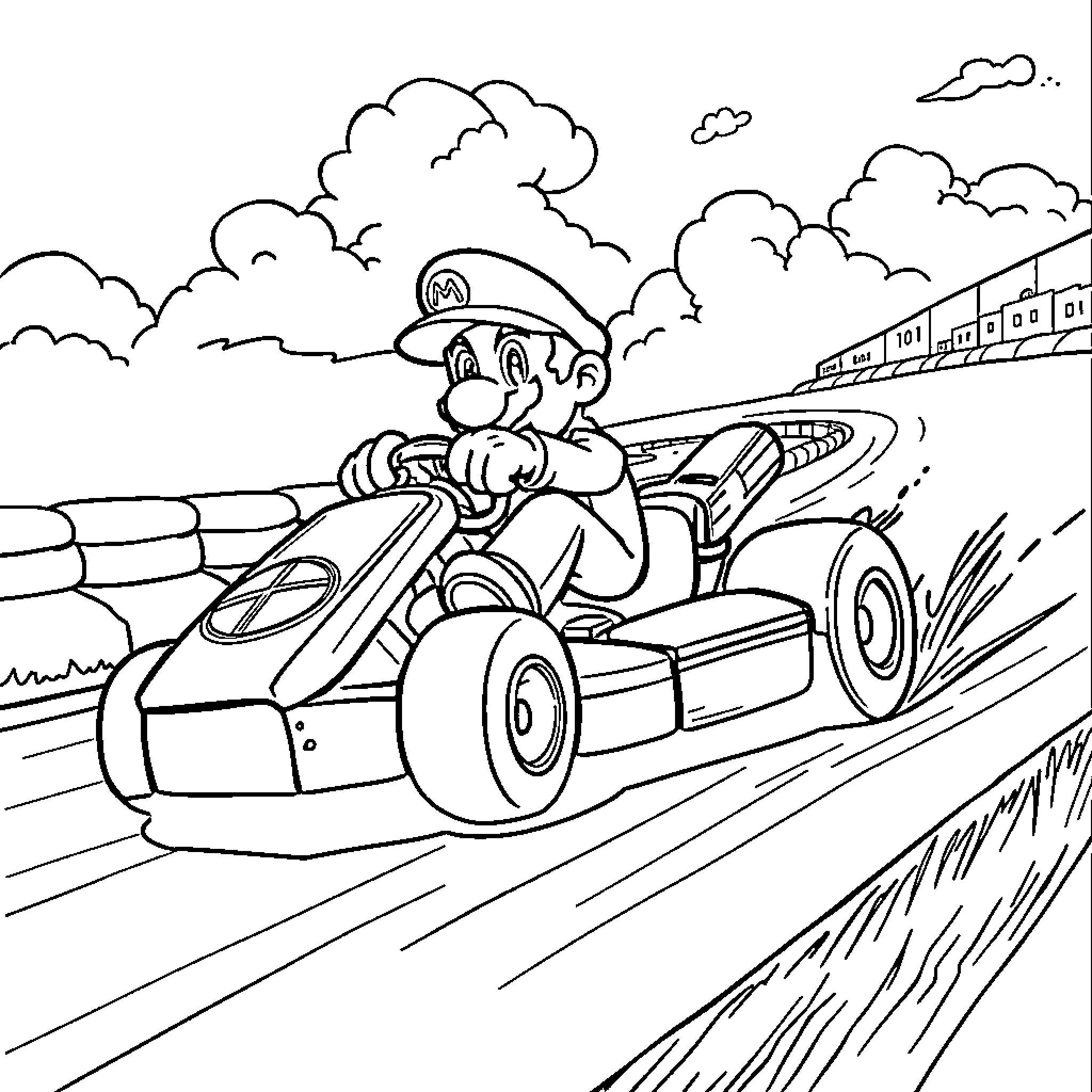 Super Mario racing through the clouds Coloring Page (free black-and-white line drawing printable PDF for all, from beginners to advanced learners, including children, teens, adults, and seniors)