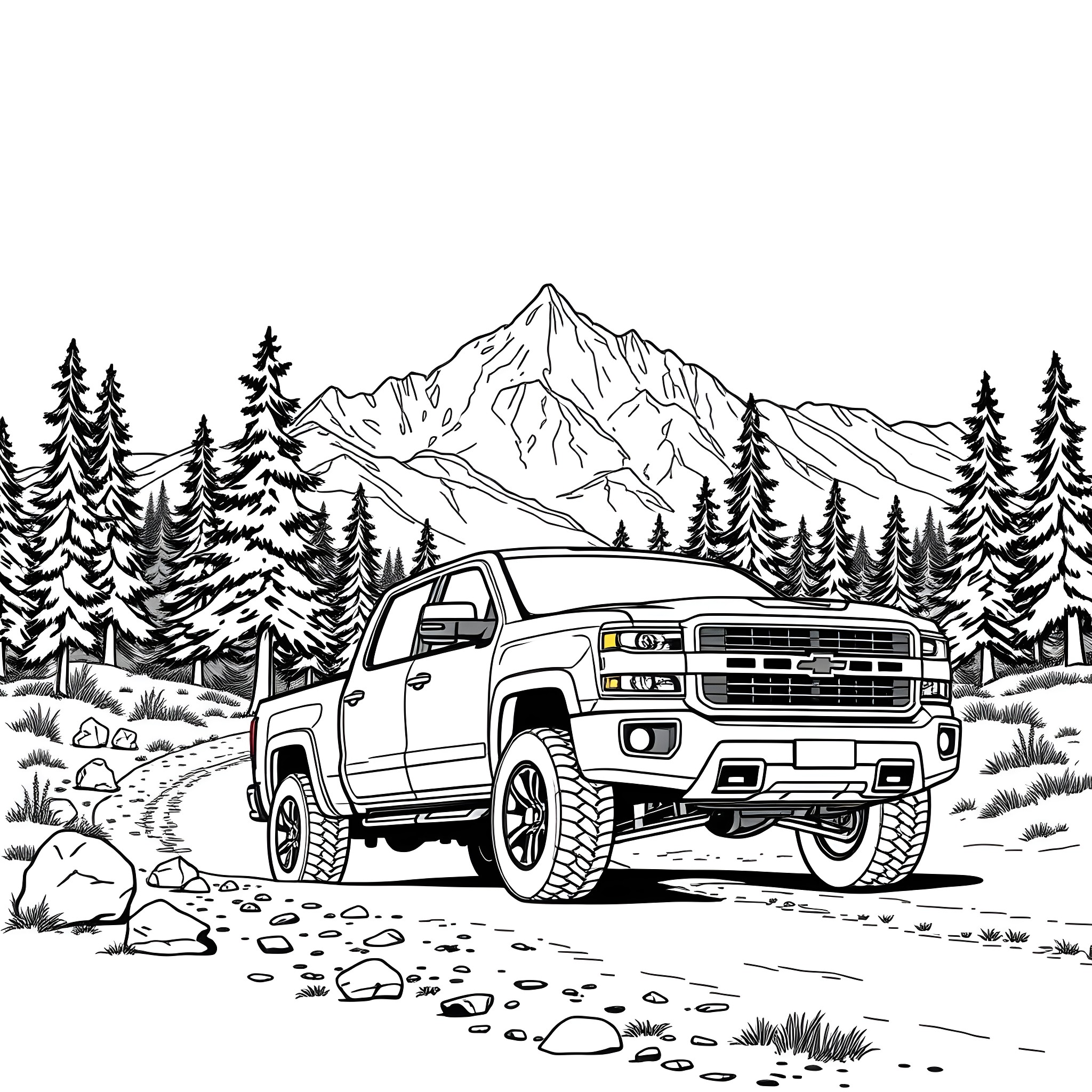 Pick Up Truck Driving Through Mountain Landscape Coloring Page (free black-and-white line drawing printable PDF for all, from beginners to advanced learners, including children, teens, adults, and seniors)