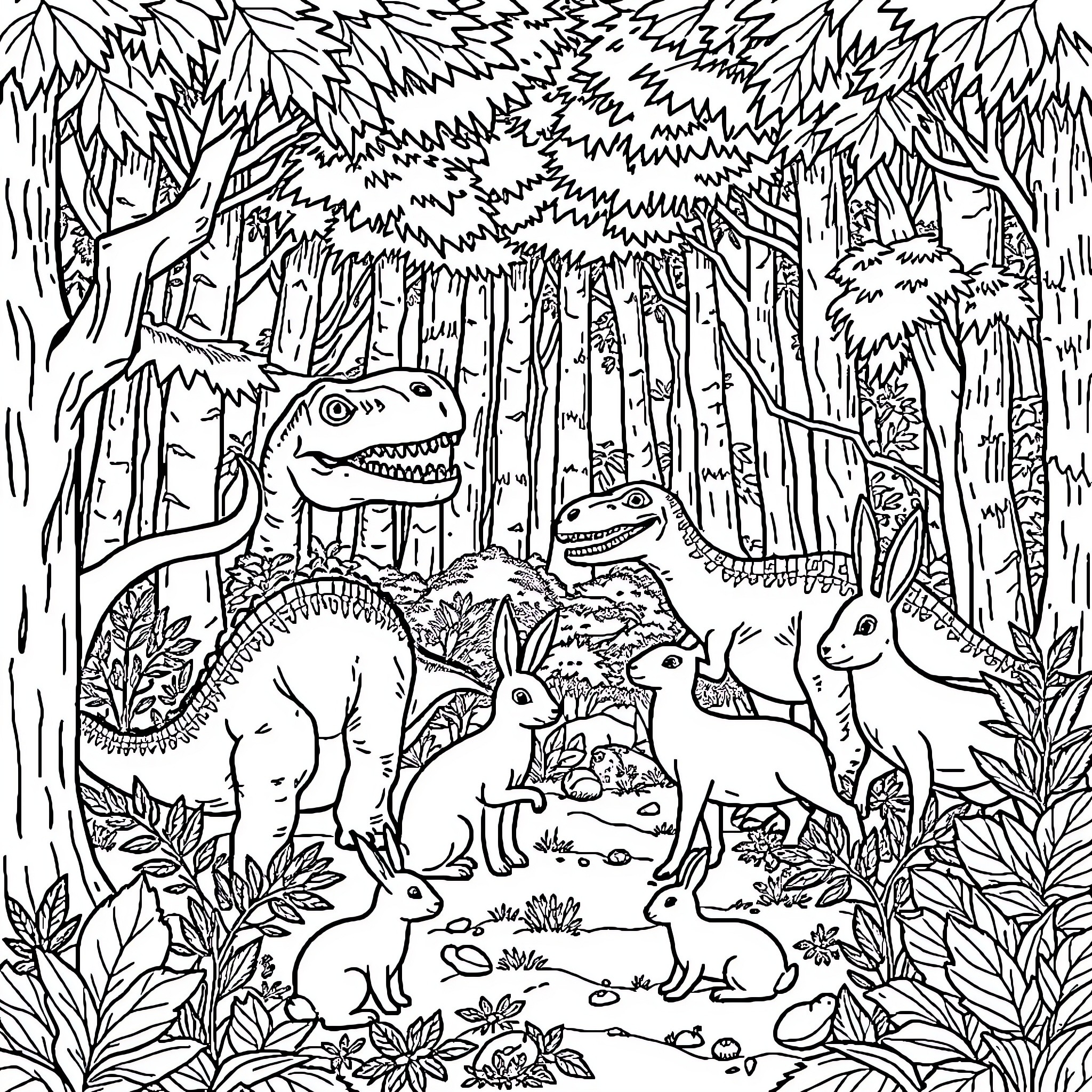 Dinosaur gathering in the mysterious forest Coloring Page (free black-and-white line drawing printable PDF for all, from beginners to advanced learners, including children, teens, adults, and seniors)