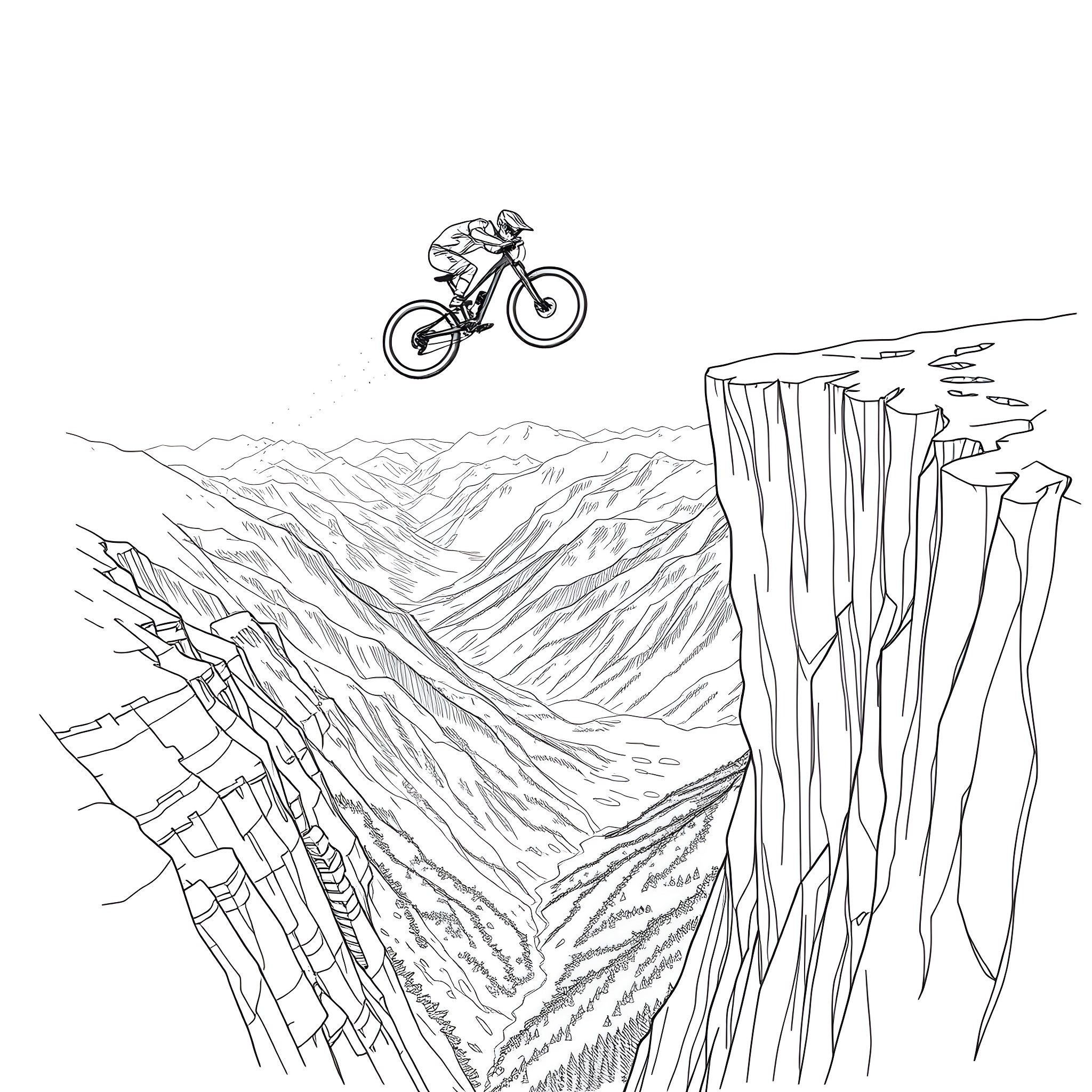 Bike Soaring Over Rugged Mountain Landscape Coloring Page (free black-and-white line drawing printable PDF for all, from beginners to advanced learners, including children, teens, adults, and seniors)