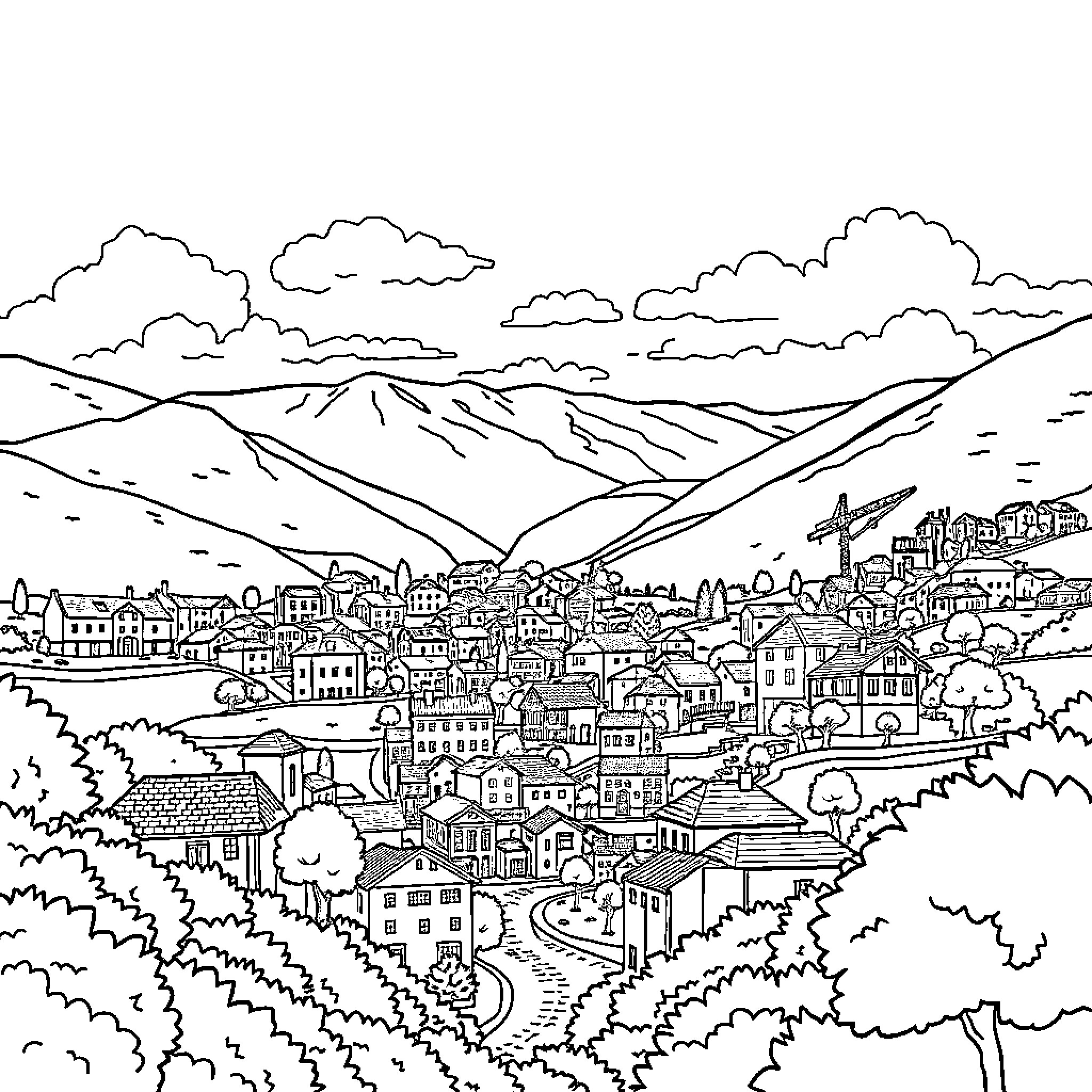 Kenay's Vibrant Mountain Town Landscape Coloring Page (free black-and-white line drawing printable PDF for all, from beginners to advanced learners, including children, teens, adults, and seniors)