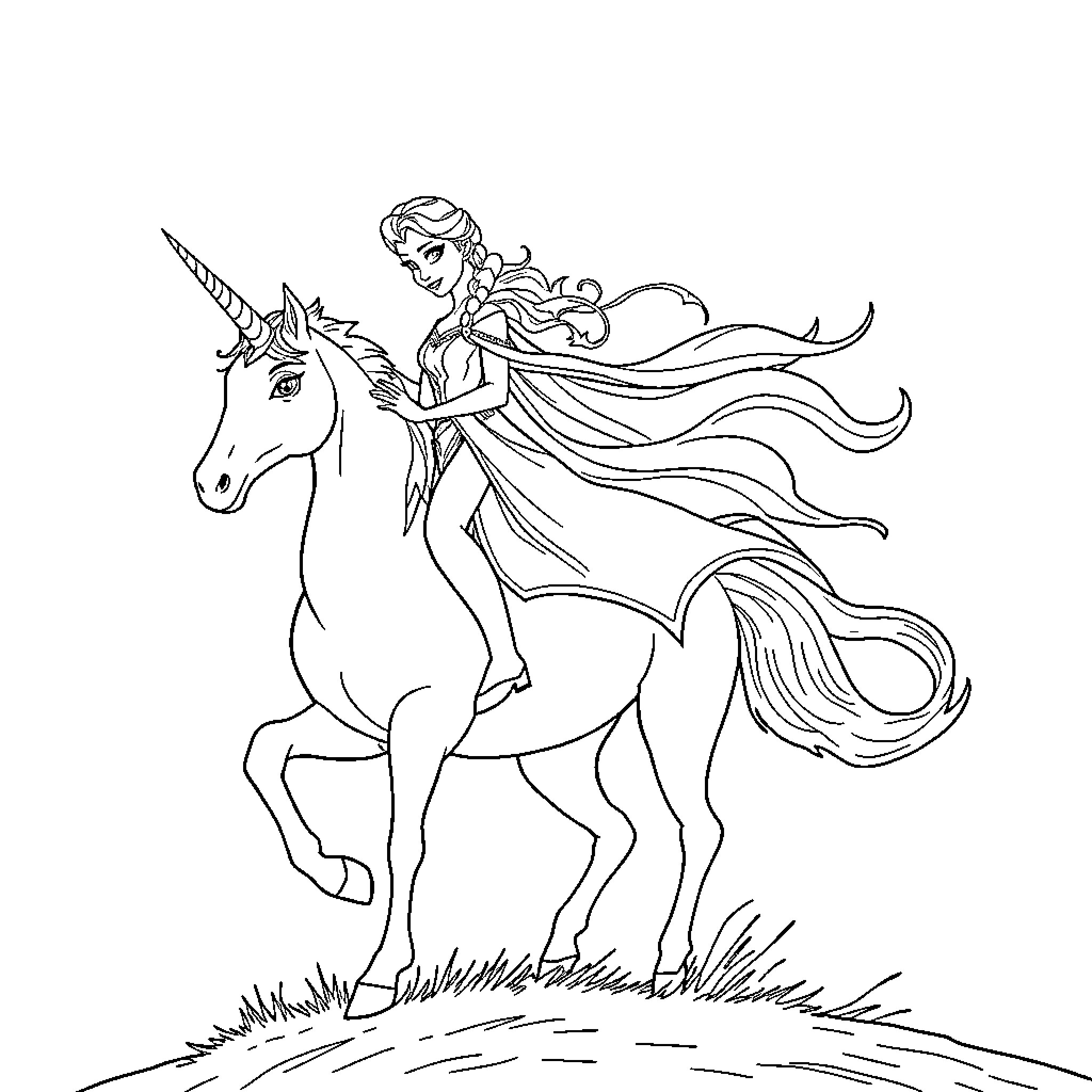 Queen Elsa riding a majestic unicorn through the enchanted forest Coloring Page (free black-and-white line drawing printable PDF for all, from beginners to advanced learners, including children, teens, adults, and seniors)