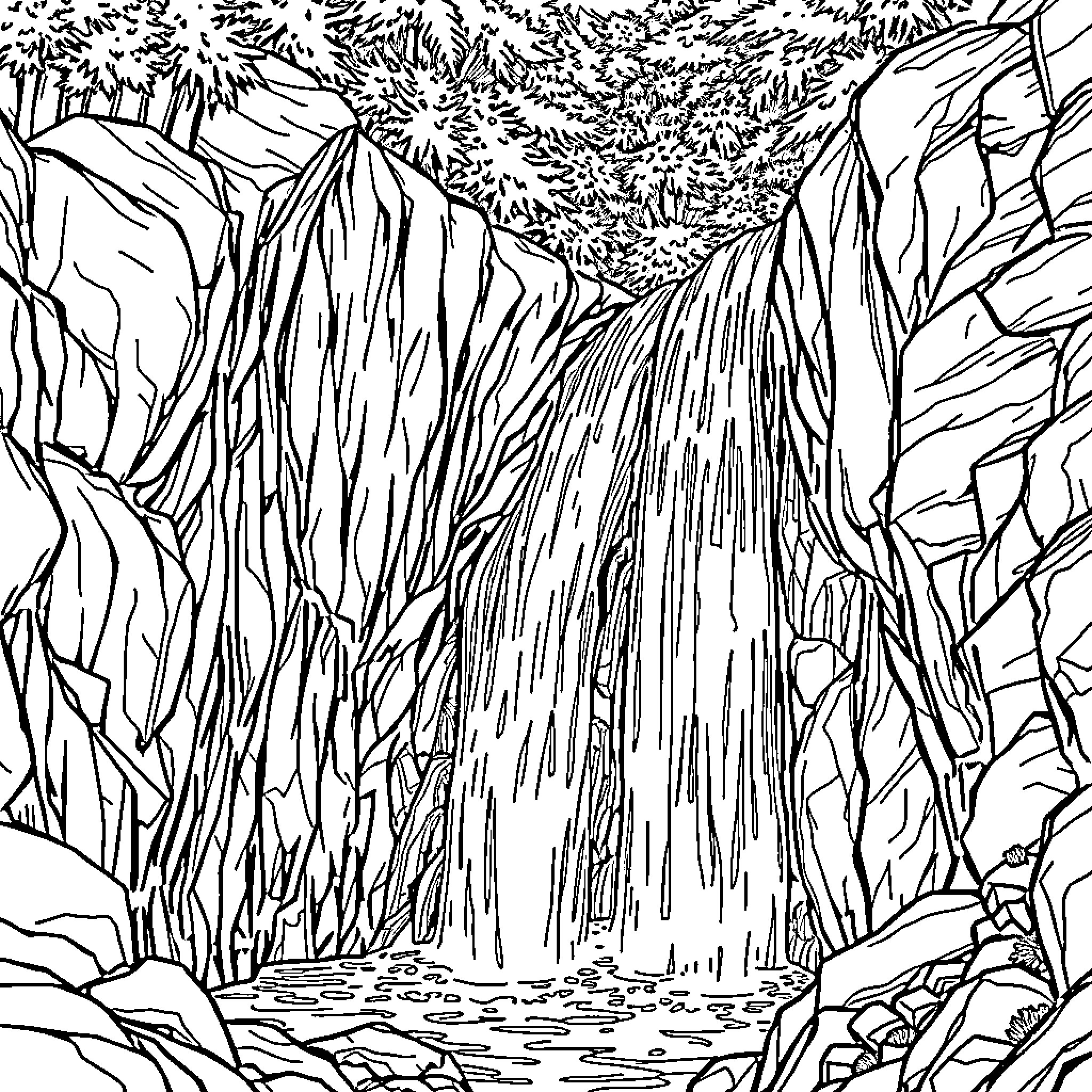 Waterfall cascading through rugged mountain terrain Coloring Page (free black-and-white line drawing printable PDF for all, from beginners to advanced learners, including children, teens, adults, and seniors)