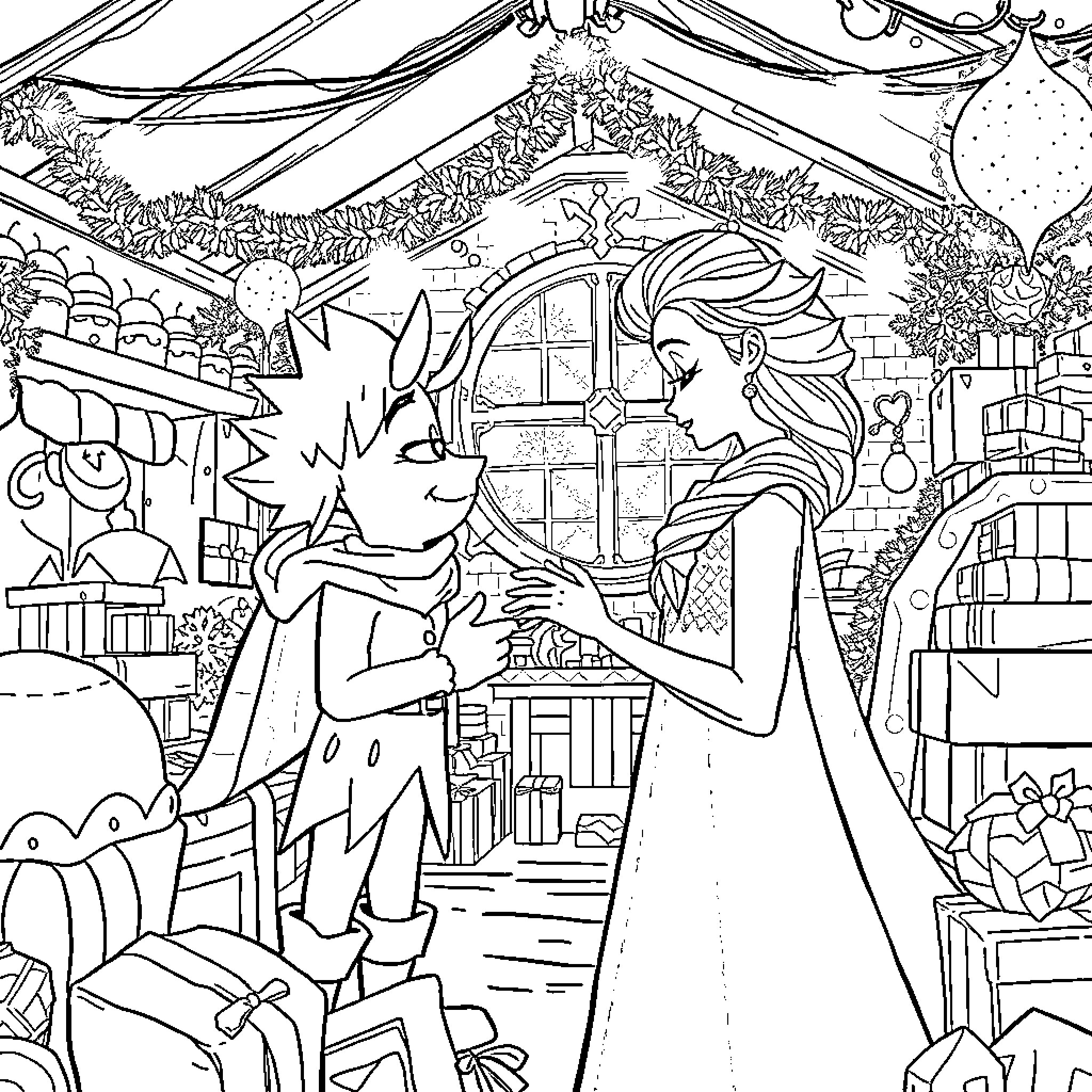 Jack Frost embracing a young woman in a winter wonderland Coloring Page (free black-and-white line drawing printable PDF for all, from beginners to advanced learners, including children, teens, adults, and seniors)