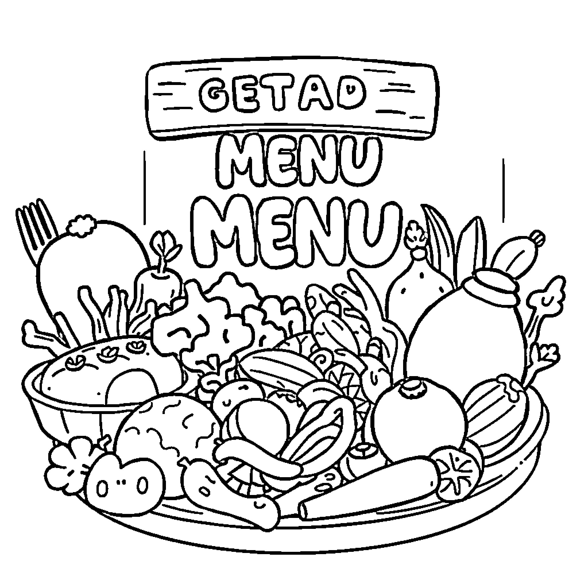 Kids Enjoy Colorful Food Spread on Menu Coloring Page (free black-and-white line drawing printable PDF for all, from beginners to advanced learners, including children, teens, adults, and seniors)