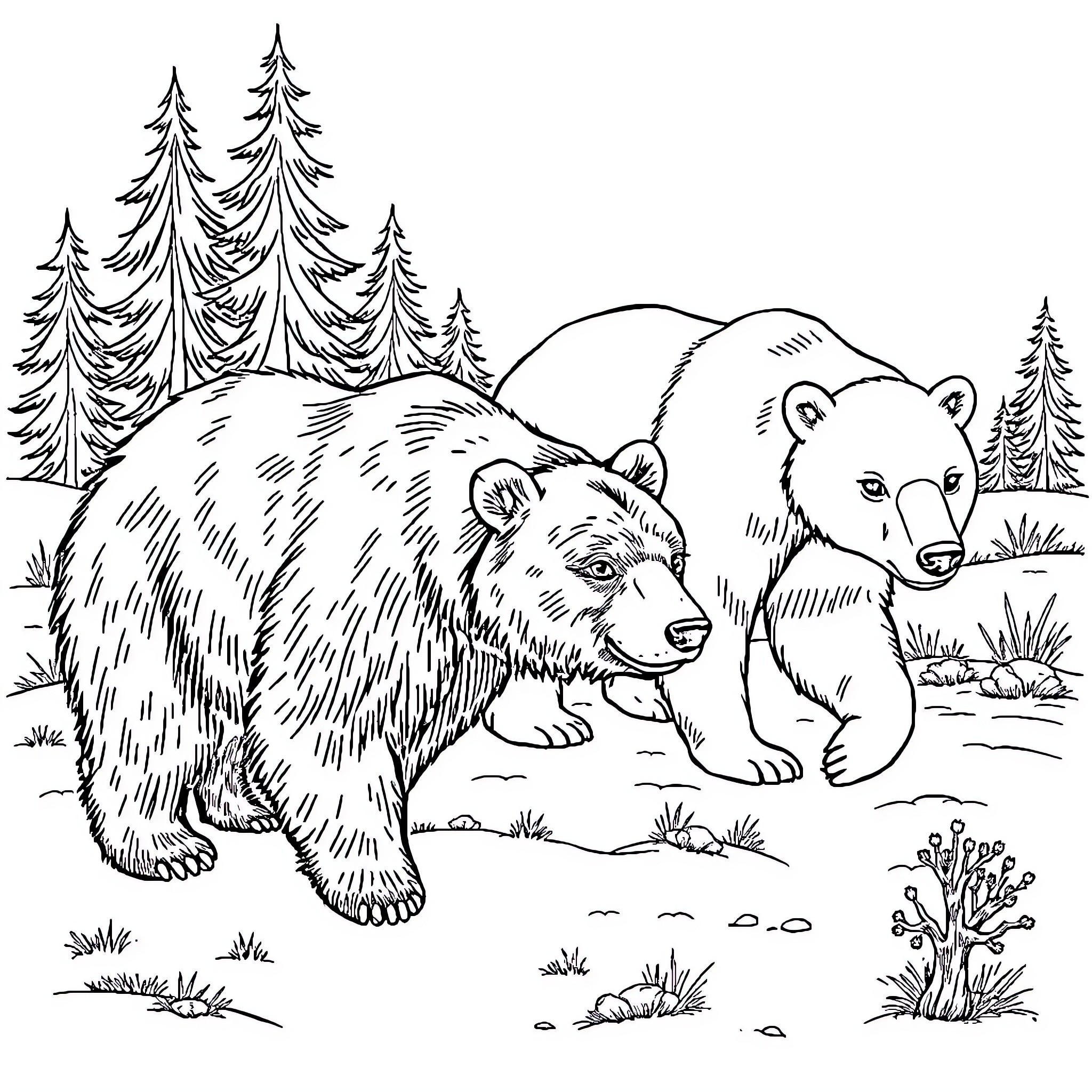 Bear family in the forest Coloring Page (free black-and-white line drawing printable PDF for all, from beginners to advanced learners, including children, teens, adults, and seniors)