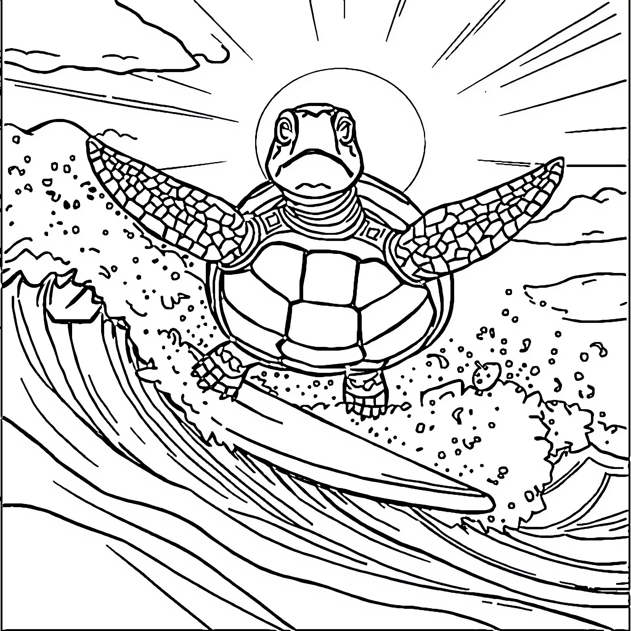 Turtle surfing in the ocean Coloring Page (free black-and-white line drawing printable PDF for all, from beginners to advanced learners, including children, teens, adults, and seniors)