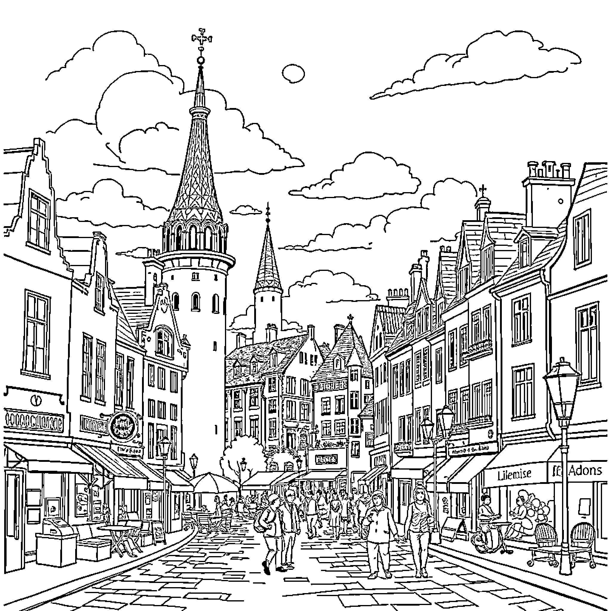 Orléans street scene with iconic architecture and bustling crowds Coloring Page (free black-and-white line drawing printable PDF for all, from beginners to advanced learners, including children, teens, adults, and seniors)