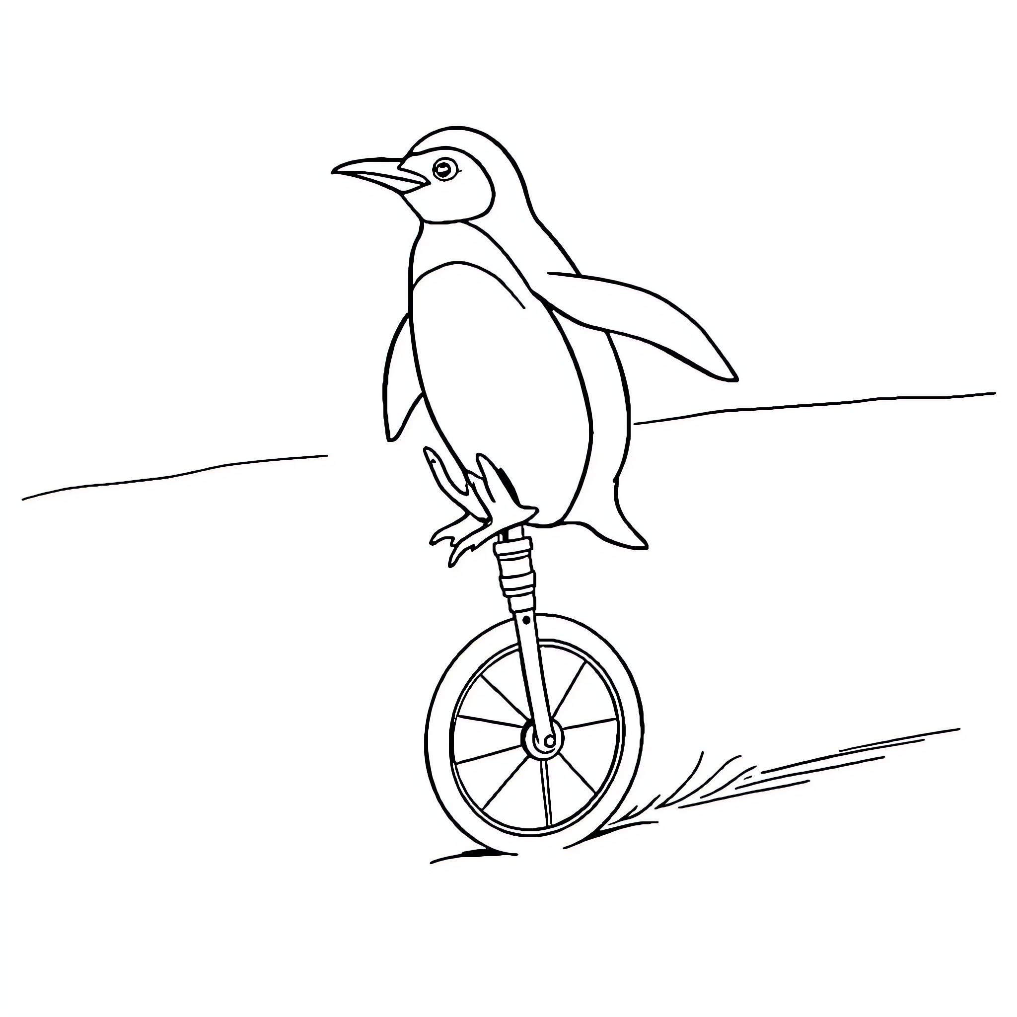 Penguin balancing on a unicycle Coloring Page (free black-and-white line drawing printable PDF for all, from beginners to advanced learners, including children, teens, adults, and seniors)