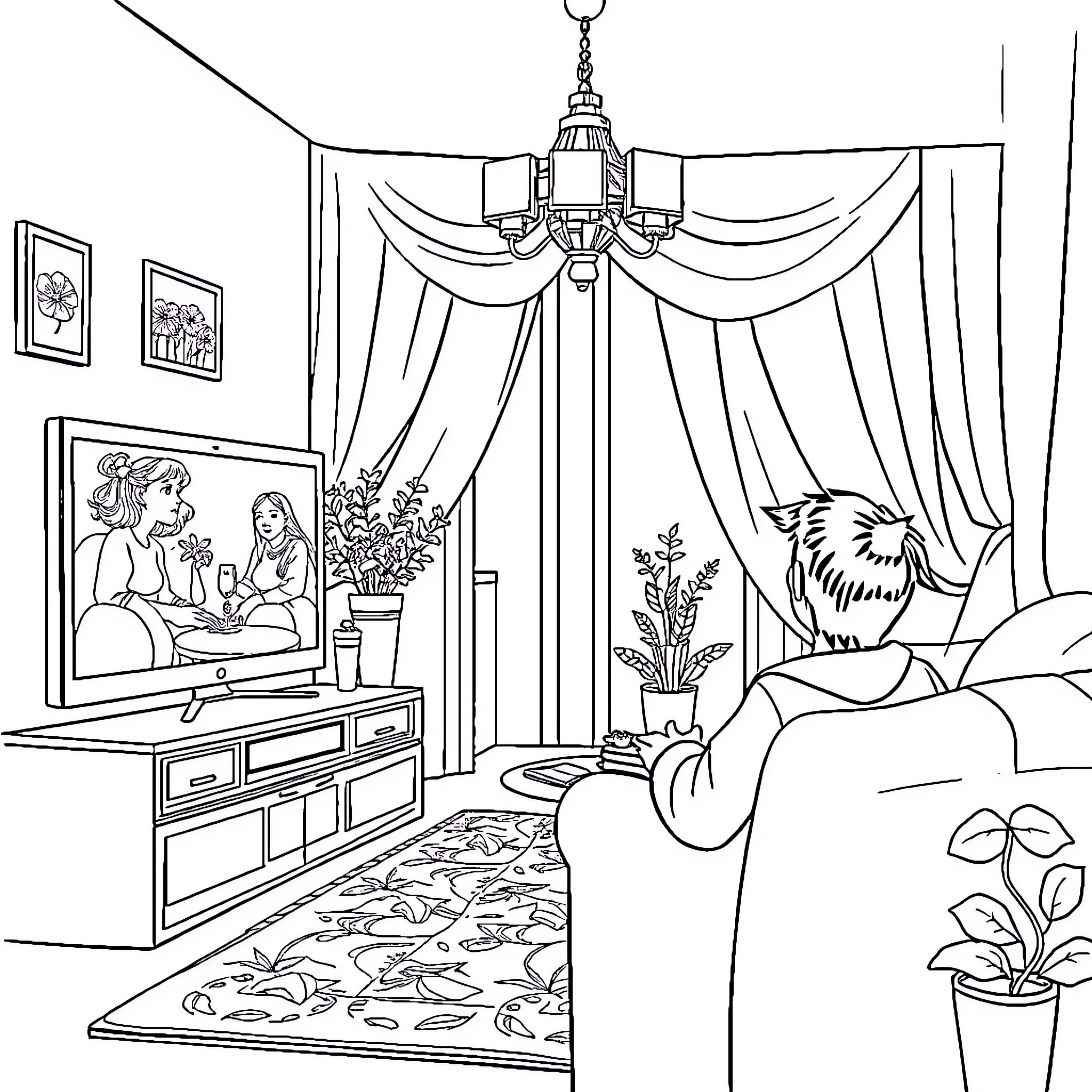 Pemuda Enjoying Cozy Home Environment Coloring Page (free black-and-white line drawing printable PDF for all, from beginners to advanced learners, including children, teens, adults, and seniors)