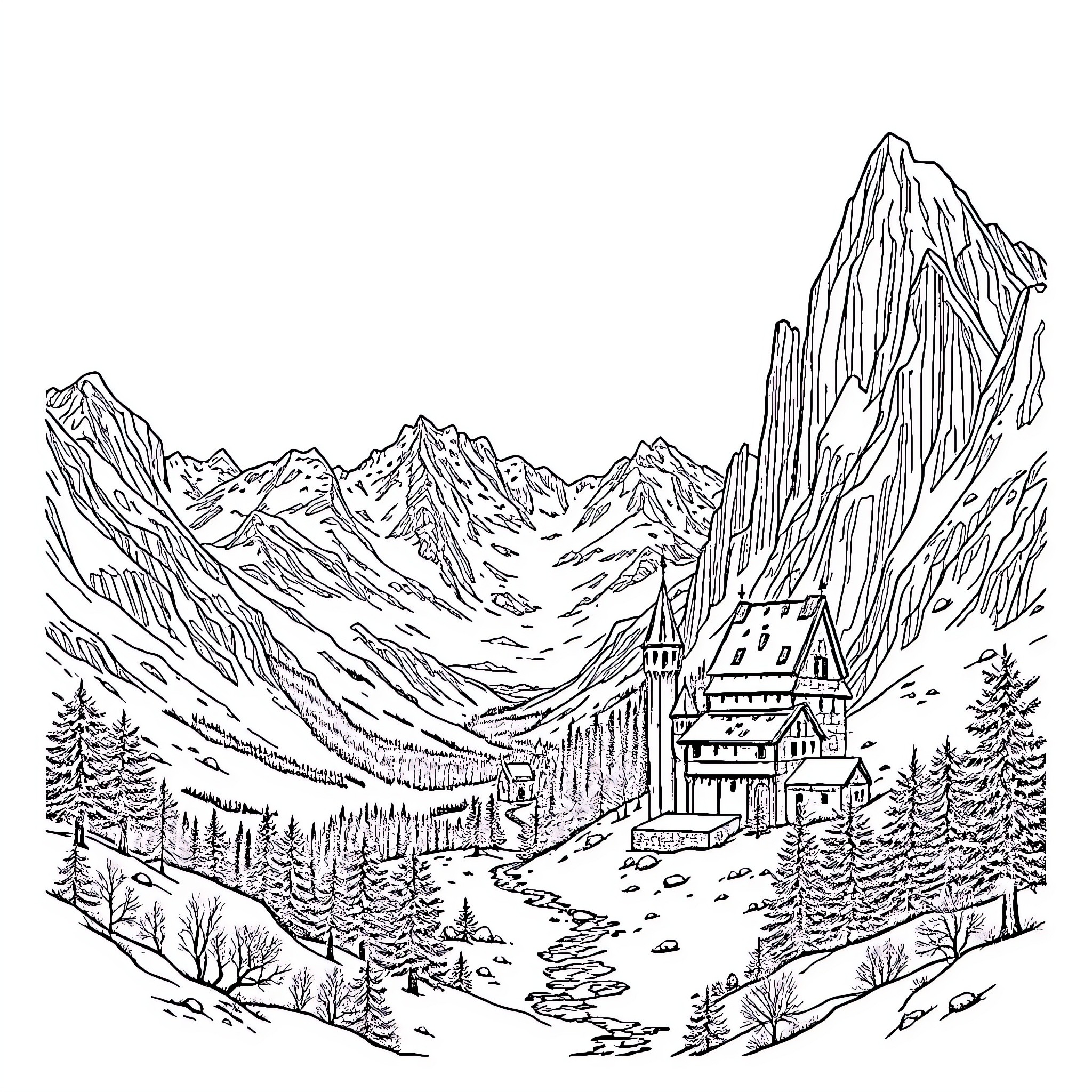 Skyrim: Majestic Mountain Landscape with Cottage Coloring Page (free black-and-white line drawing printable PDF for all, from beginners to advanced learners, including children, teens, adults, and seniors)