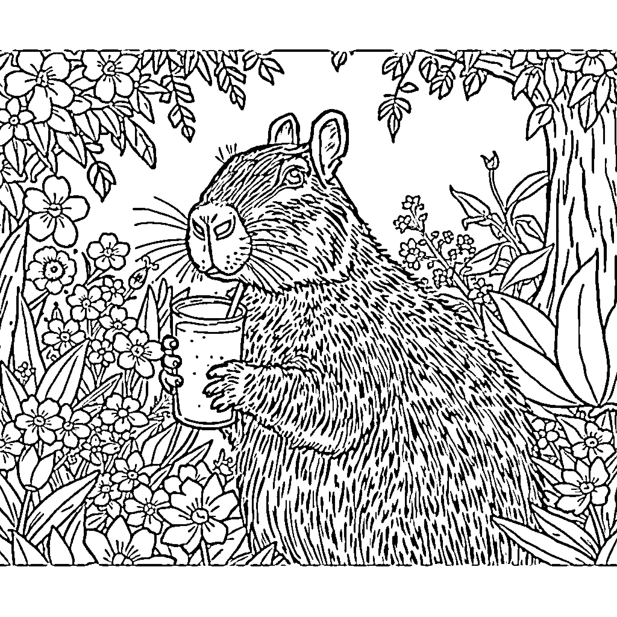 Capybara enjoying nature's beauty Coloring Page (free black-and-white line drawing printable PDF for all, from beginners to advanced learners, including children, teens, adults, and seniors)