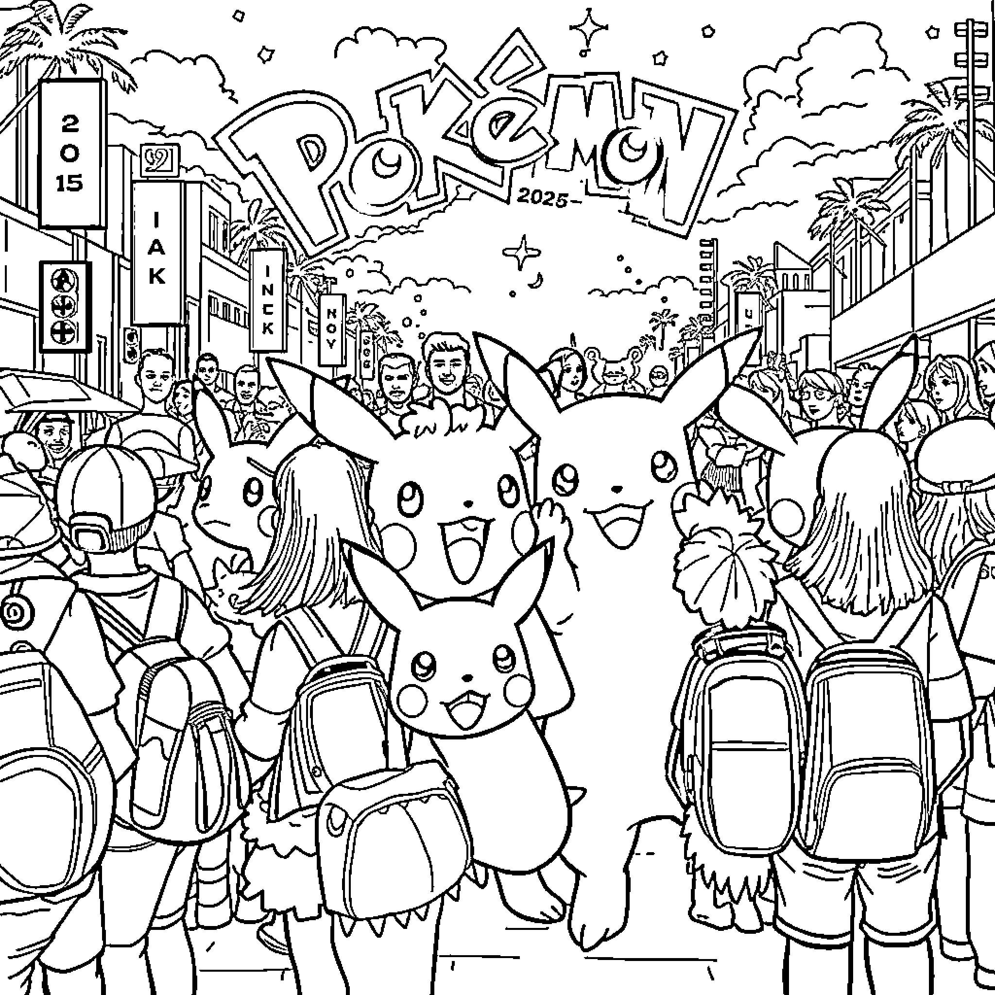 Pokémon characters on a busy city street Coloring Page (free black-and-white line drawing printable PDF for all, from beginners to advanced learners, including children, teens, adults, and seniors)