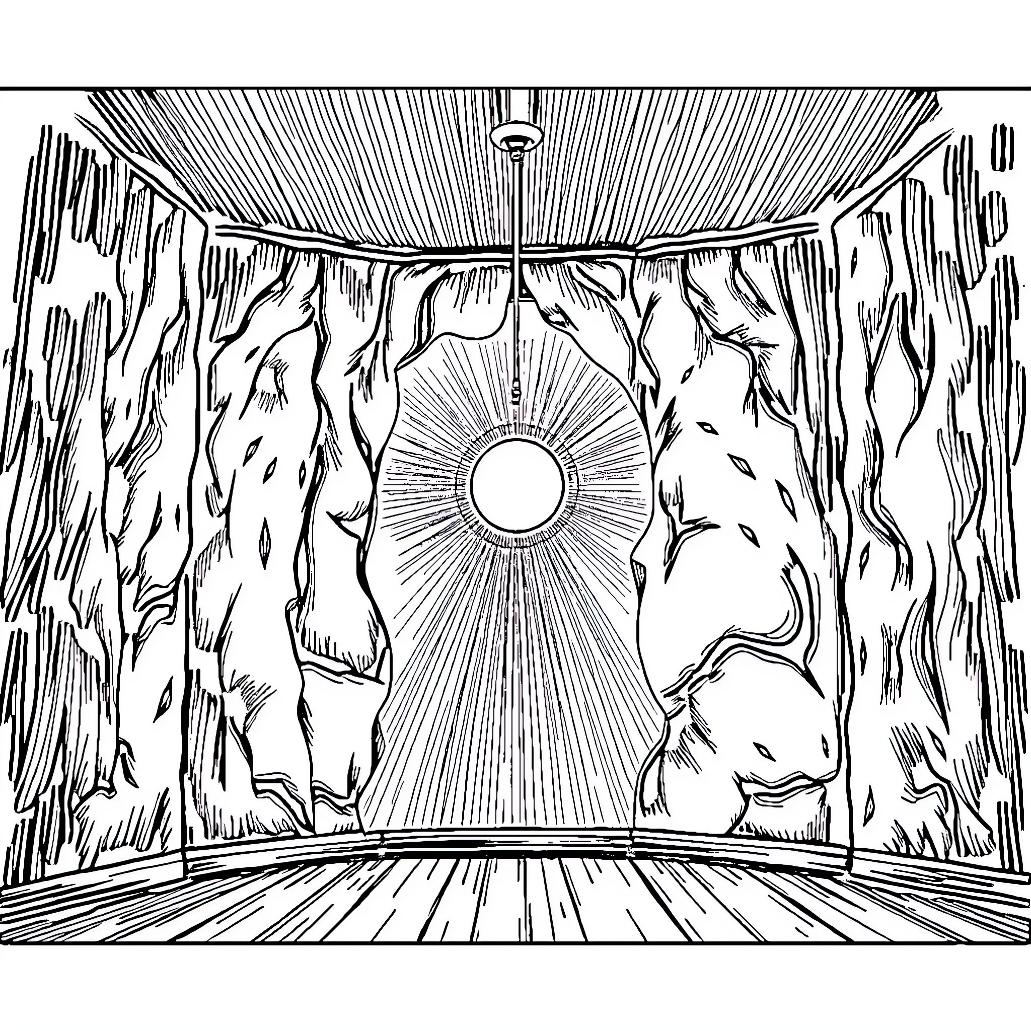 Light and Darkness in a Mysterious Cave Coloring Page (free black-and-white line drawing printable PDF for all, from beginners to advanced learners, including children, teens, adults, and seniors)