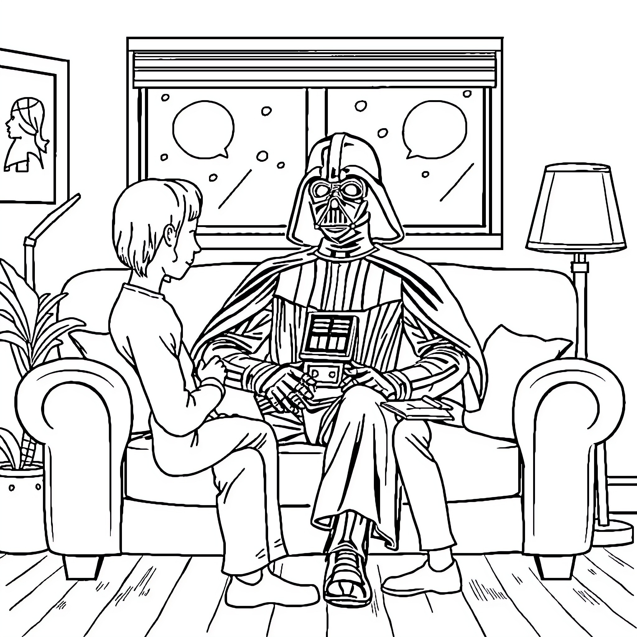 Darth Vader discussing with a young person in a living room Coloring Page (free black-and-white line drawing printable PDF for all, from beginners to advanced learners, including children, teens, adults, and seniors)