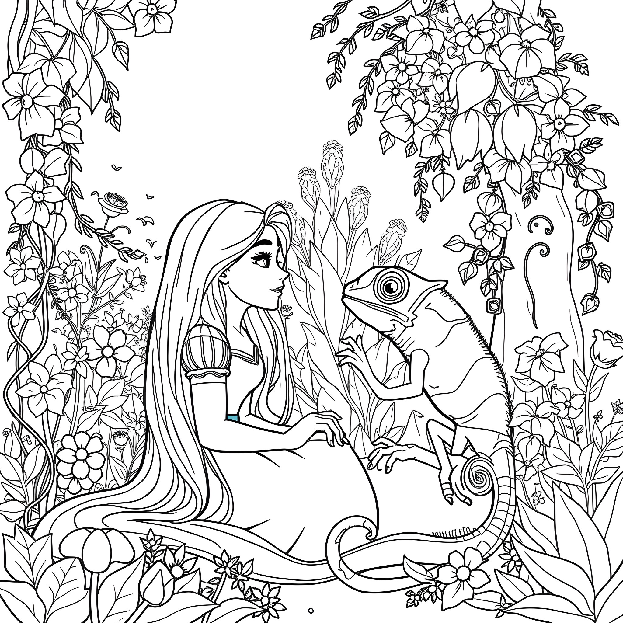 Pascal's Enchanted Garden with Mystical Creatures Coloring Page (free black-and-white line drawing printable PDF for all, from beginners to advanced learners, including children, teens, adults, and seniors)