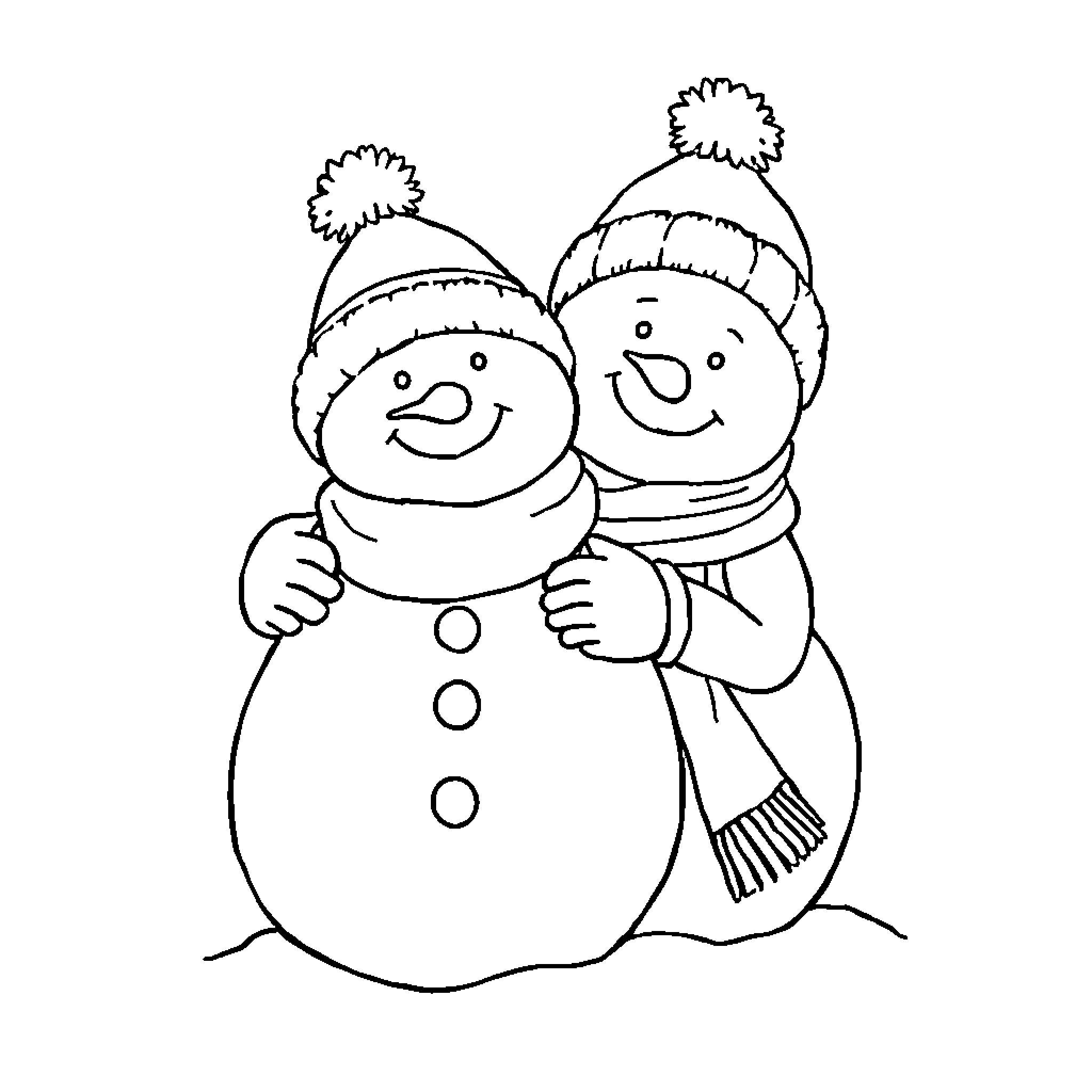 Bonhomme de Neige enjoying winter with friend Coloring Page (free black-and-white line drawing printable PDF for all, from beginners to advanced learners, including children, teens, adults, and seniors)