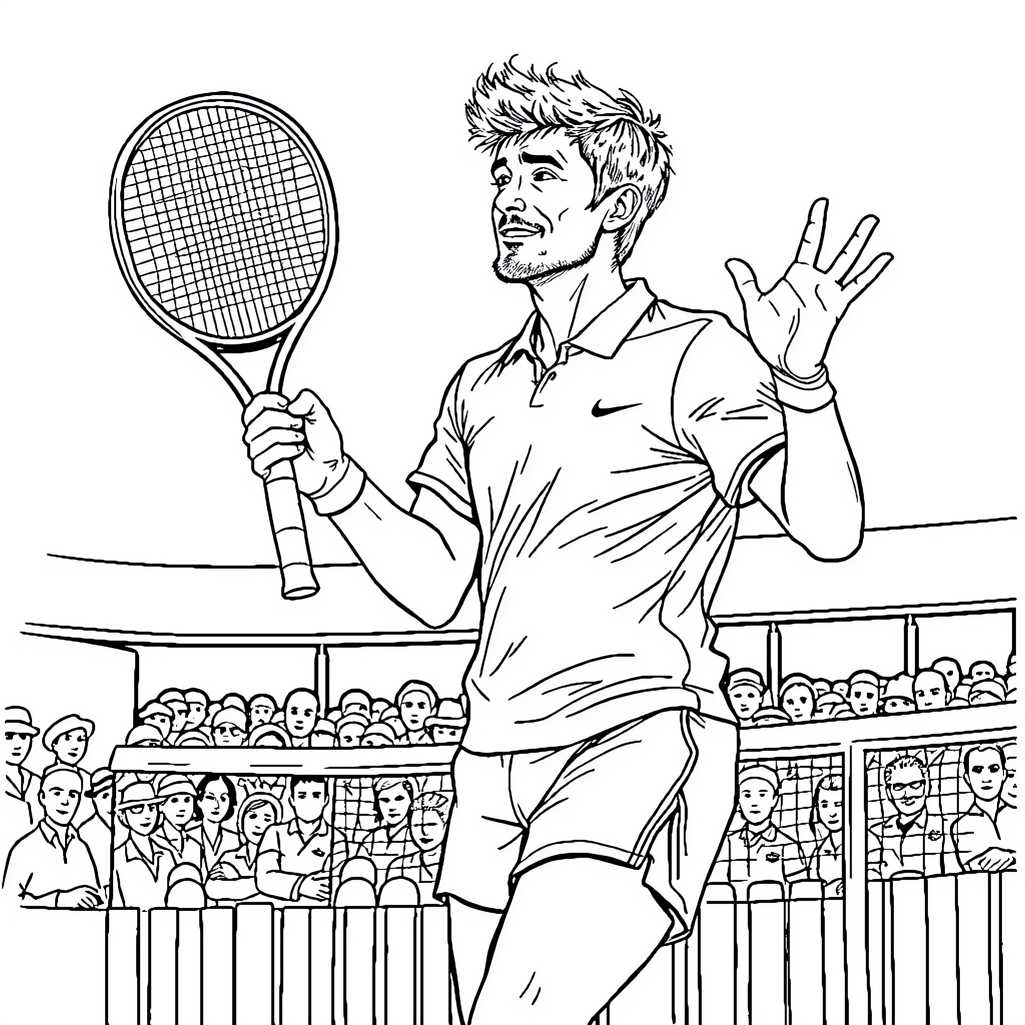 Sinner's Triumph on the Tennis Court Coloring Page (free black-and-white line drawing printable PDF for all, from beginners to advanced learners, including children, teens, adults, and seniors)