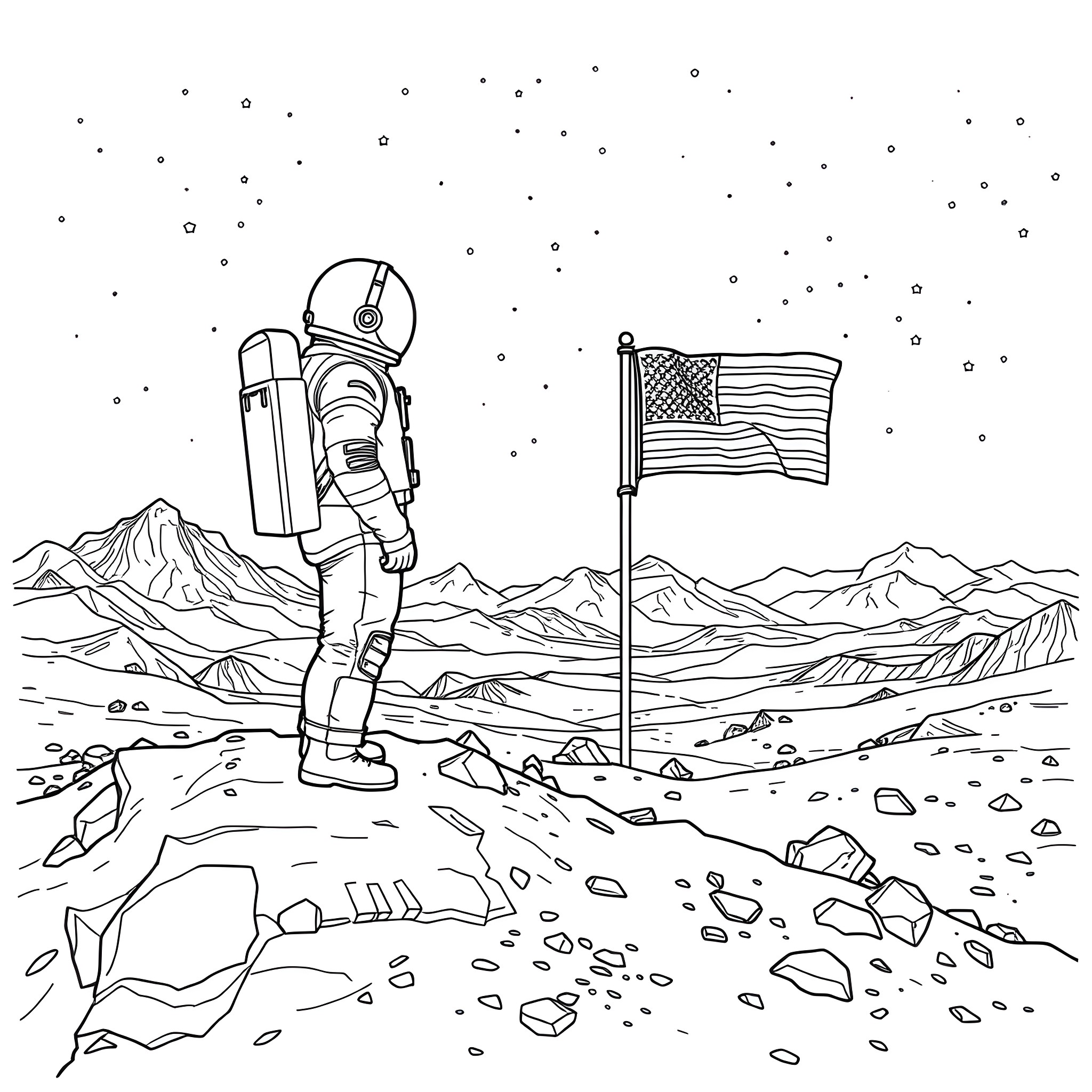 Astronaut Exploring Alien Landscape with American Flag Coloring Page (free black-and-white line drawing printable PDF for all, from beginners to advanced learners, including children, teens, adults, and seniors)