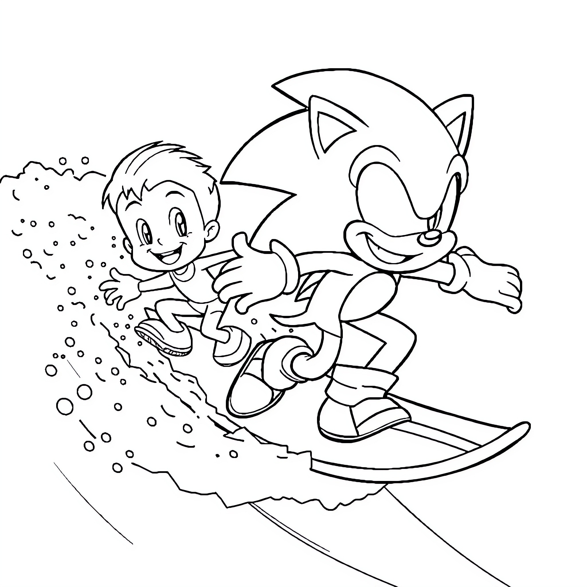 Sonic racing with a friend through the waves Coloring Page (free black-and-white line drawing printable PDF for all, from beginners to advanced learners, including children, teens, adults, and seniors)