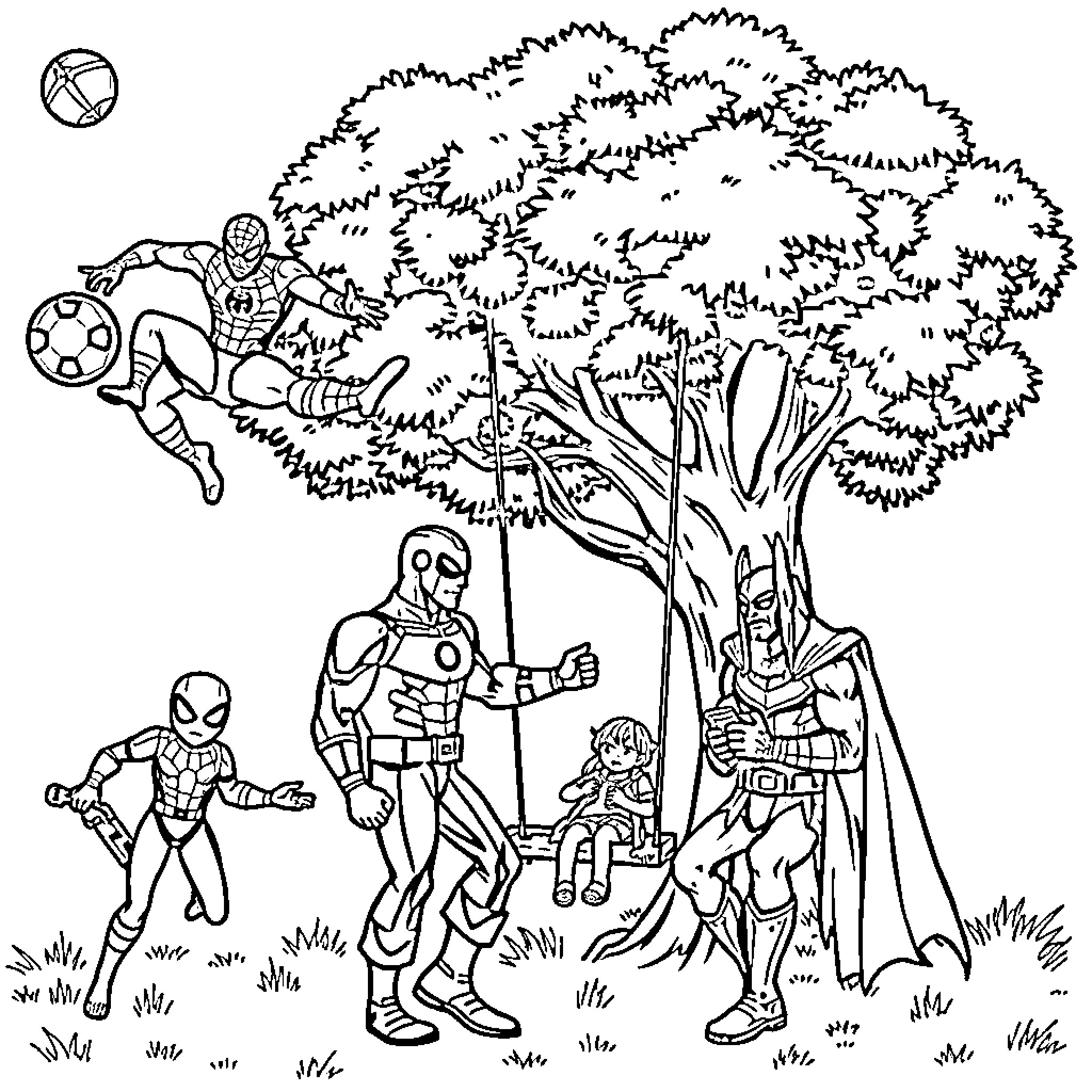 Superhero group meeting in the forest Coloring Page (free black-and-white line drawing printable PDF for all, from beginners to advanced learners, including children, teens, adults, and seniors)