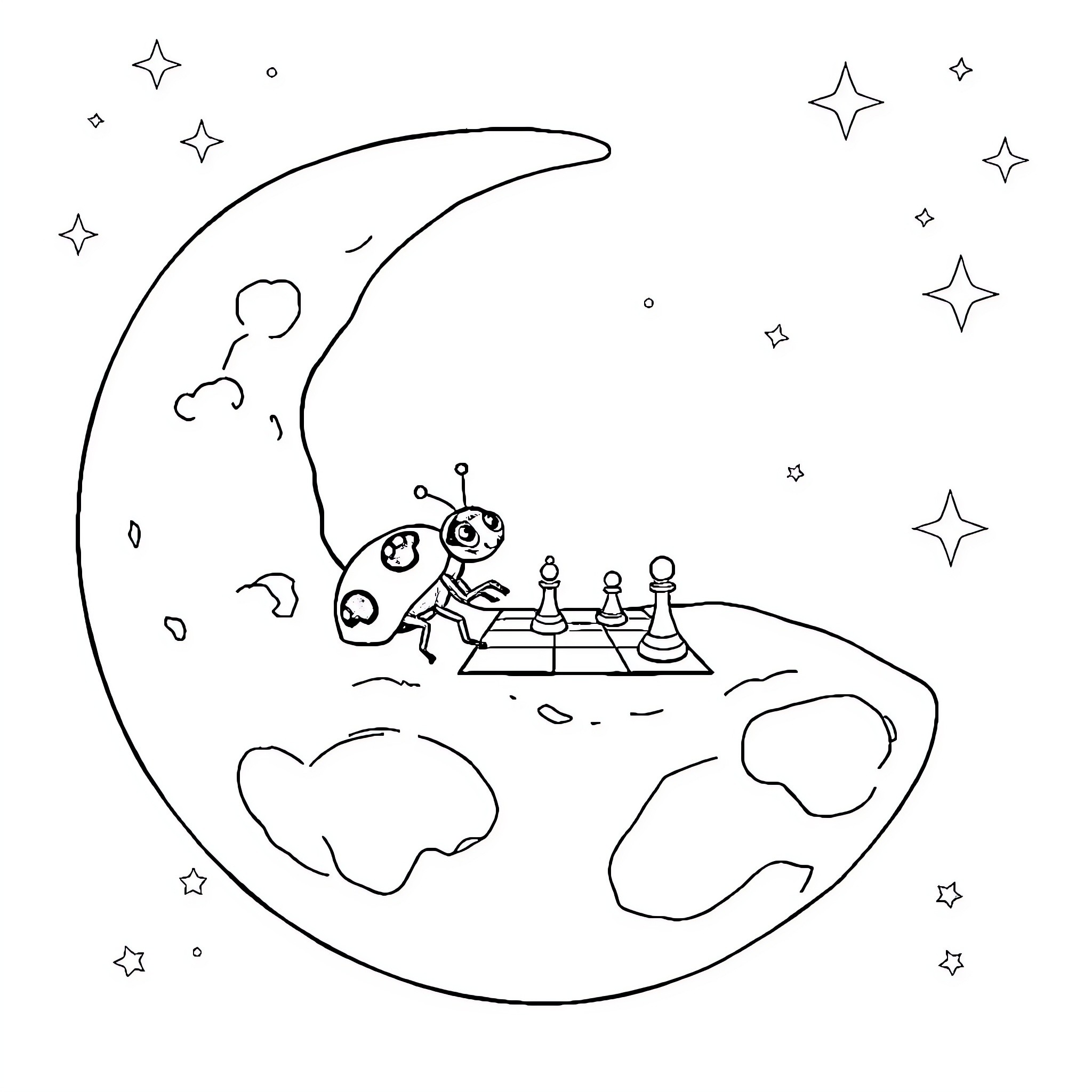 Ladybug playing chess under the moonlight Coloring Page (free black-and-white line drawing printable PDF for all, from beginners to advanced learners, including children, teens, adults, and seniors)