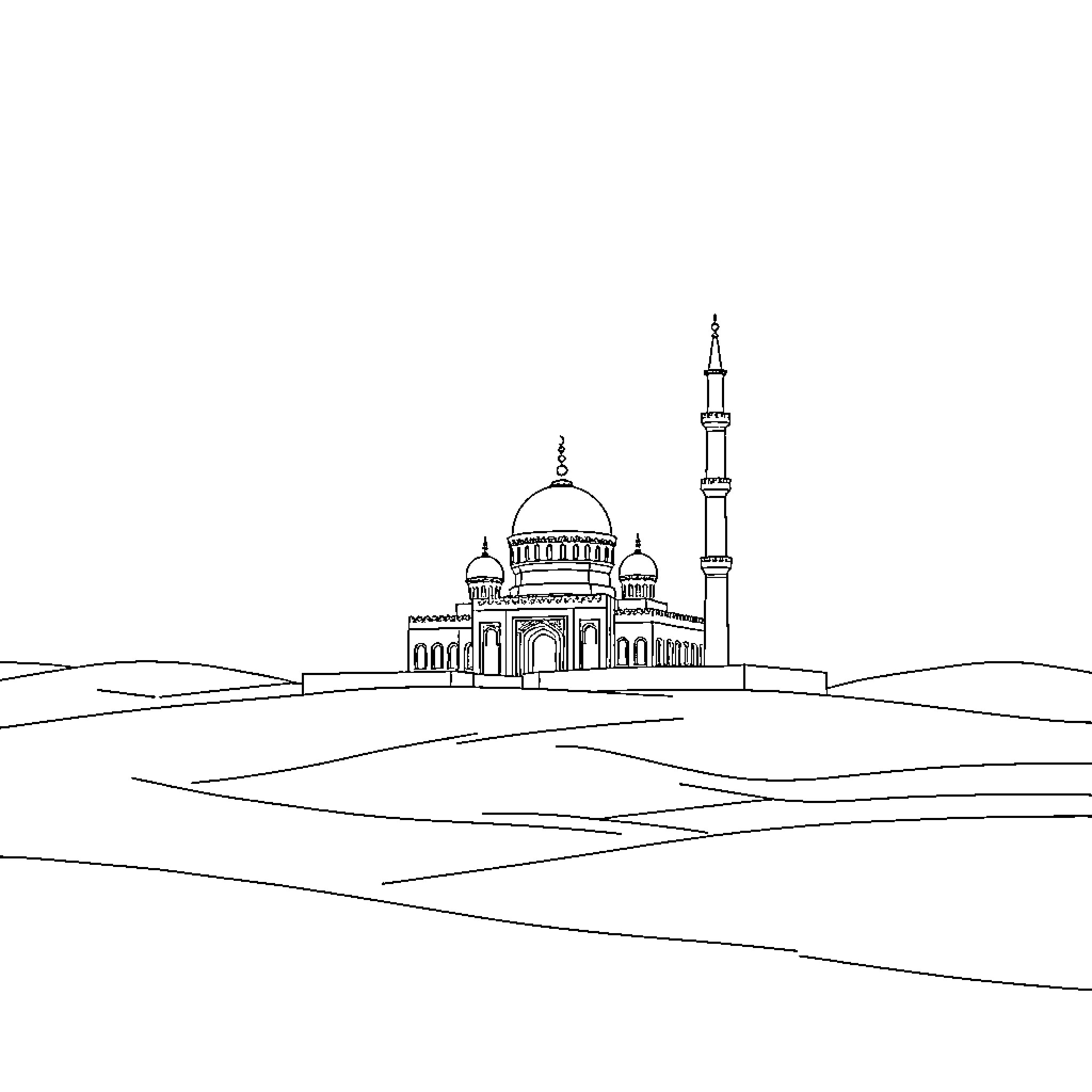 Mosque in desert landscape Coloring Page (free black-and-white line drawing printable PDF for all, from beginners to advanced learners, including children, teens, adults, and seniors)