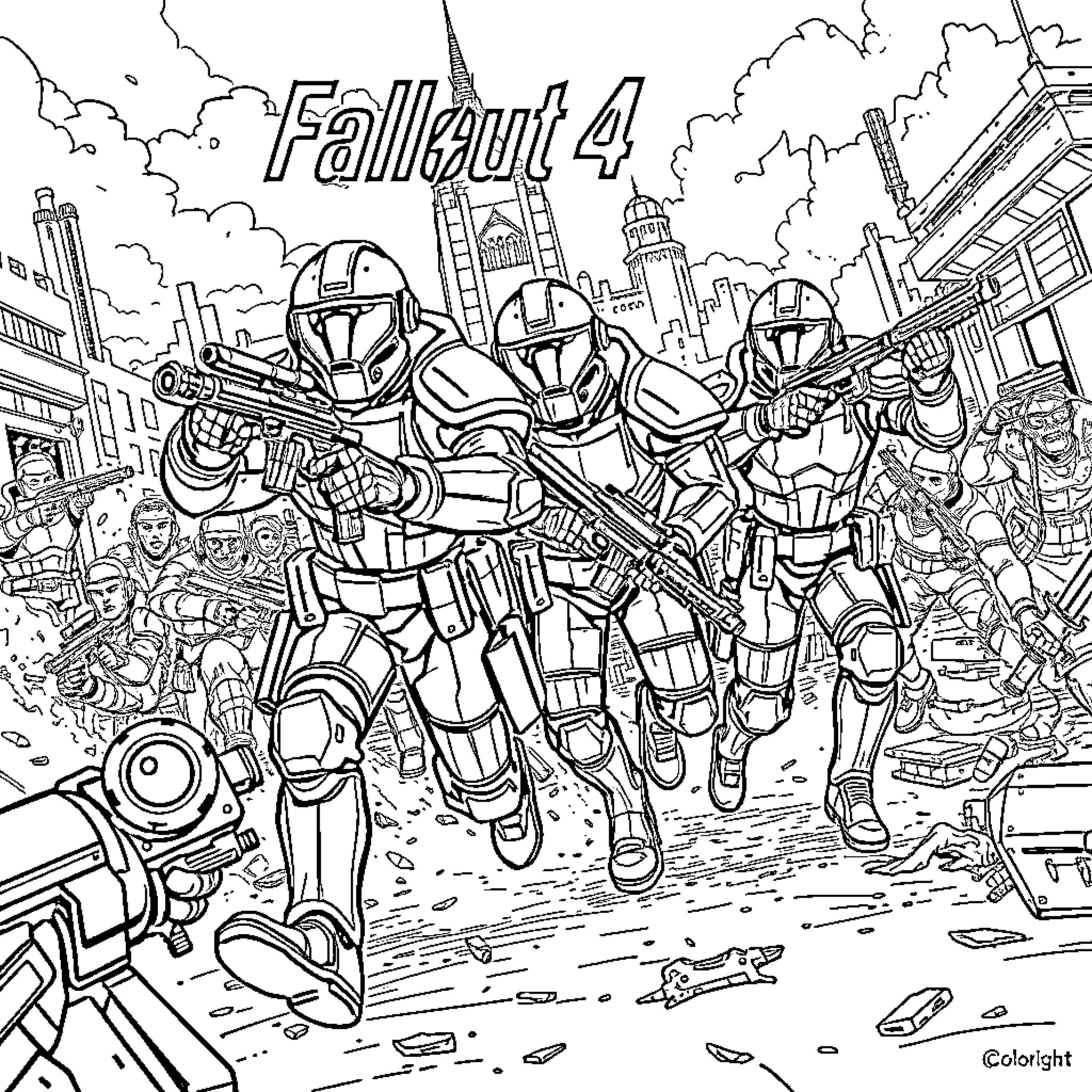 Power Armor Troopers Engaging in Combat Coloring Page (free black-and-white line drawing printable PDF for all, from beginners to advanced learners, including children, teens, adults, and seniors)