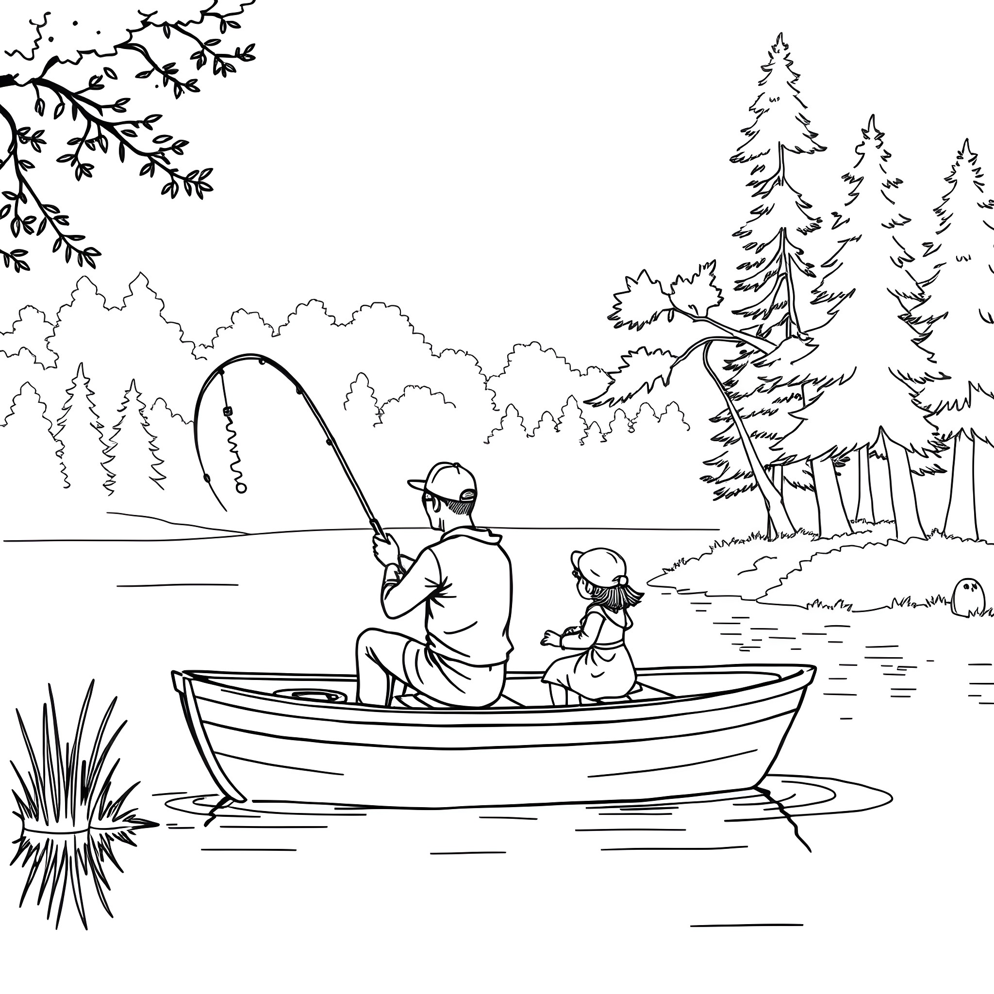 Fishing with family in a peaceful nature scene Coloring Page (free black-and-white line drawing printable PDF for all, from beginners to advanced learners, including children, teens, adults, and seniors)