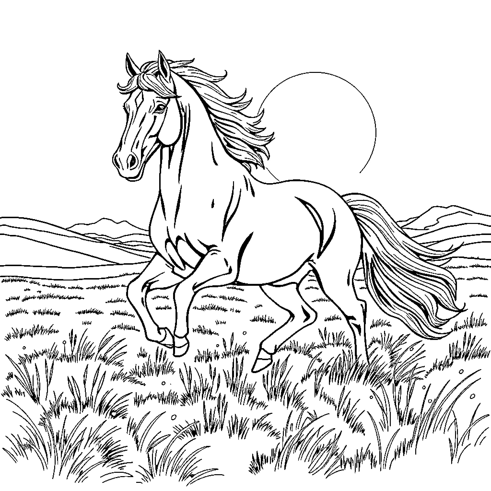 Horse running freely through the meadow Coloring Page (free black-and-white line drawing printable PDF for all, from beginners to advanced learners, including children, teens, adults, and seniors)
