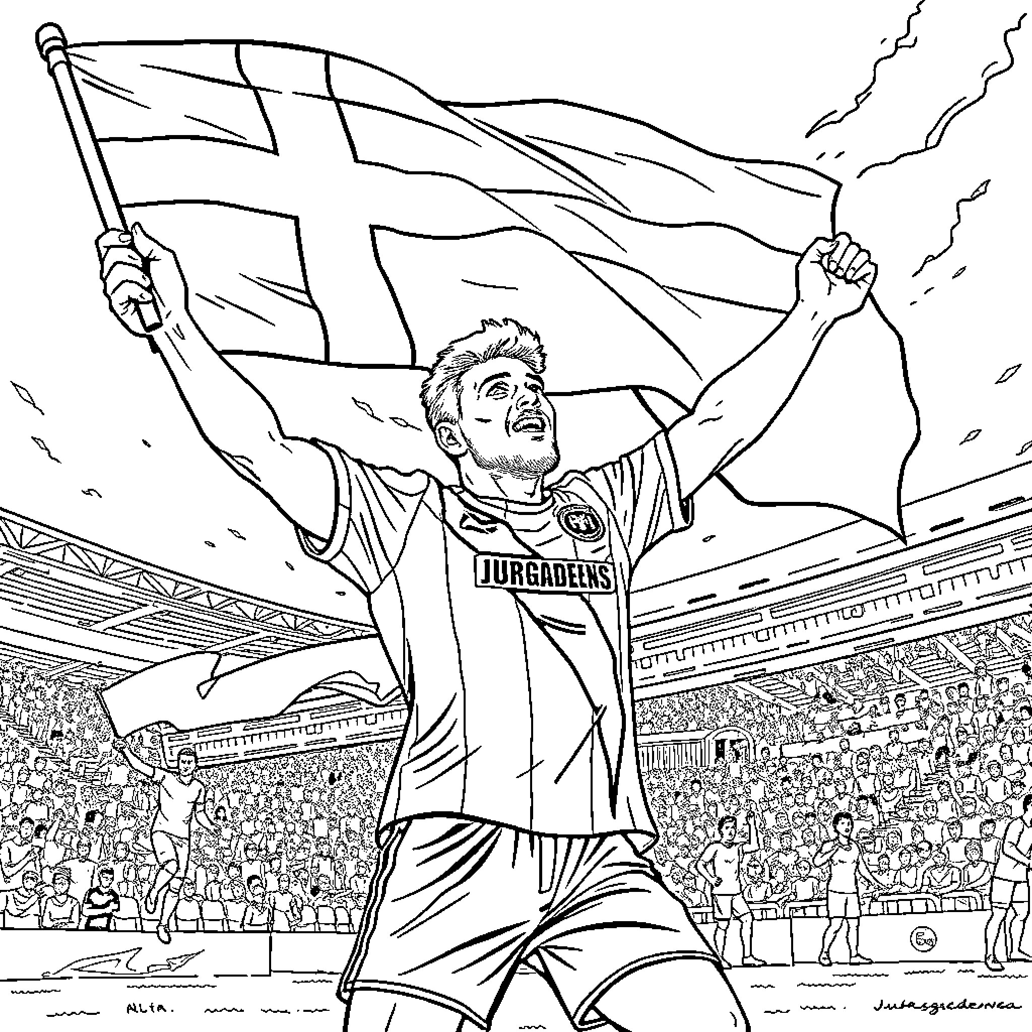 Soccer Ultra Celebrates Victory With Waving Flag Coloring Page (free black-and-white line drawing printable PDF for all, from beginners to advanced learners, including children, teens, adults, and seniors)