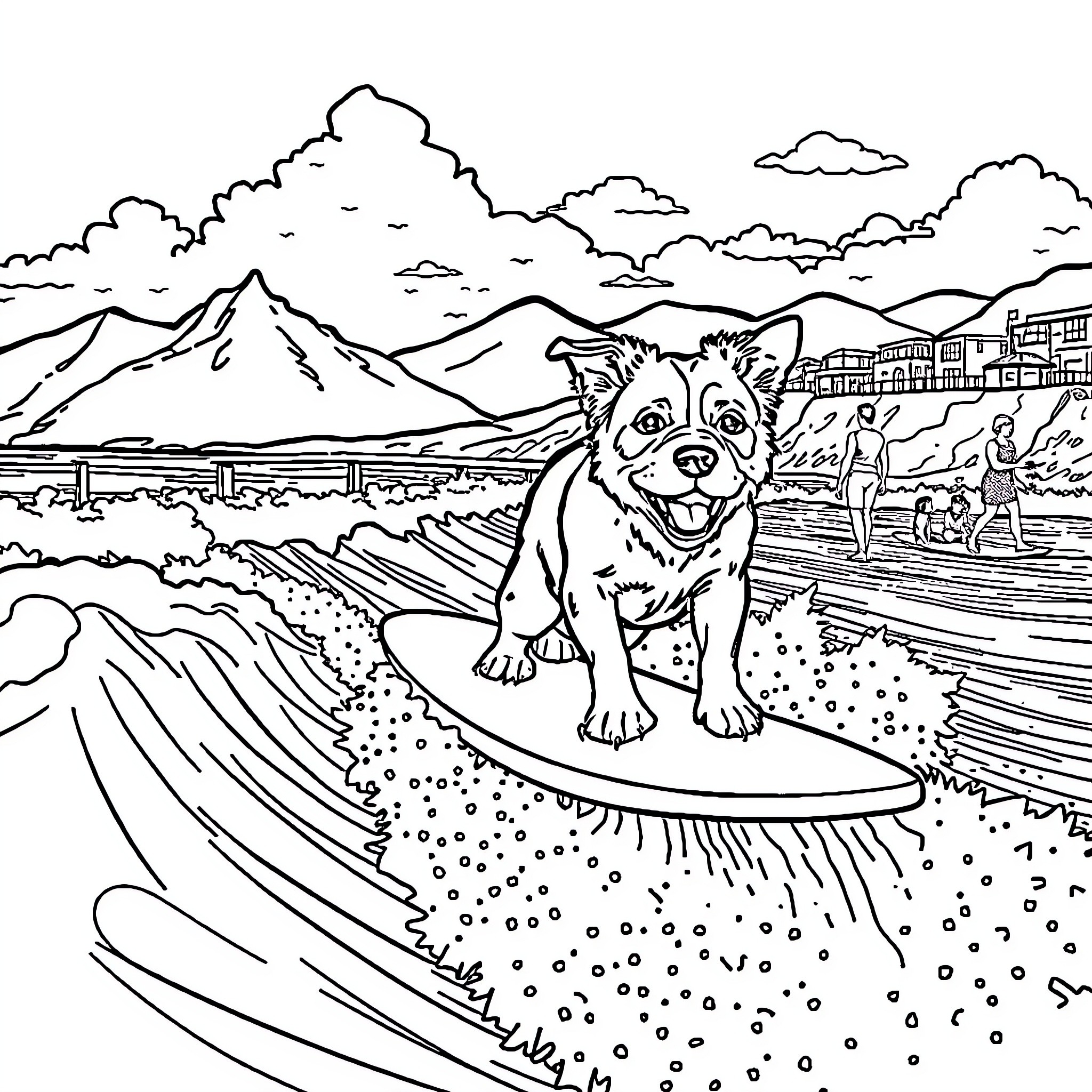 Dog Surfing the Waves on the Beach Coloring Page (free black-and-white line drawing printable PDF for all, from beginners to advanced learners, including children, teens, adults, and seniors)