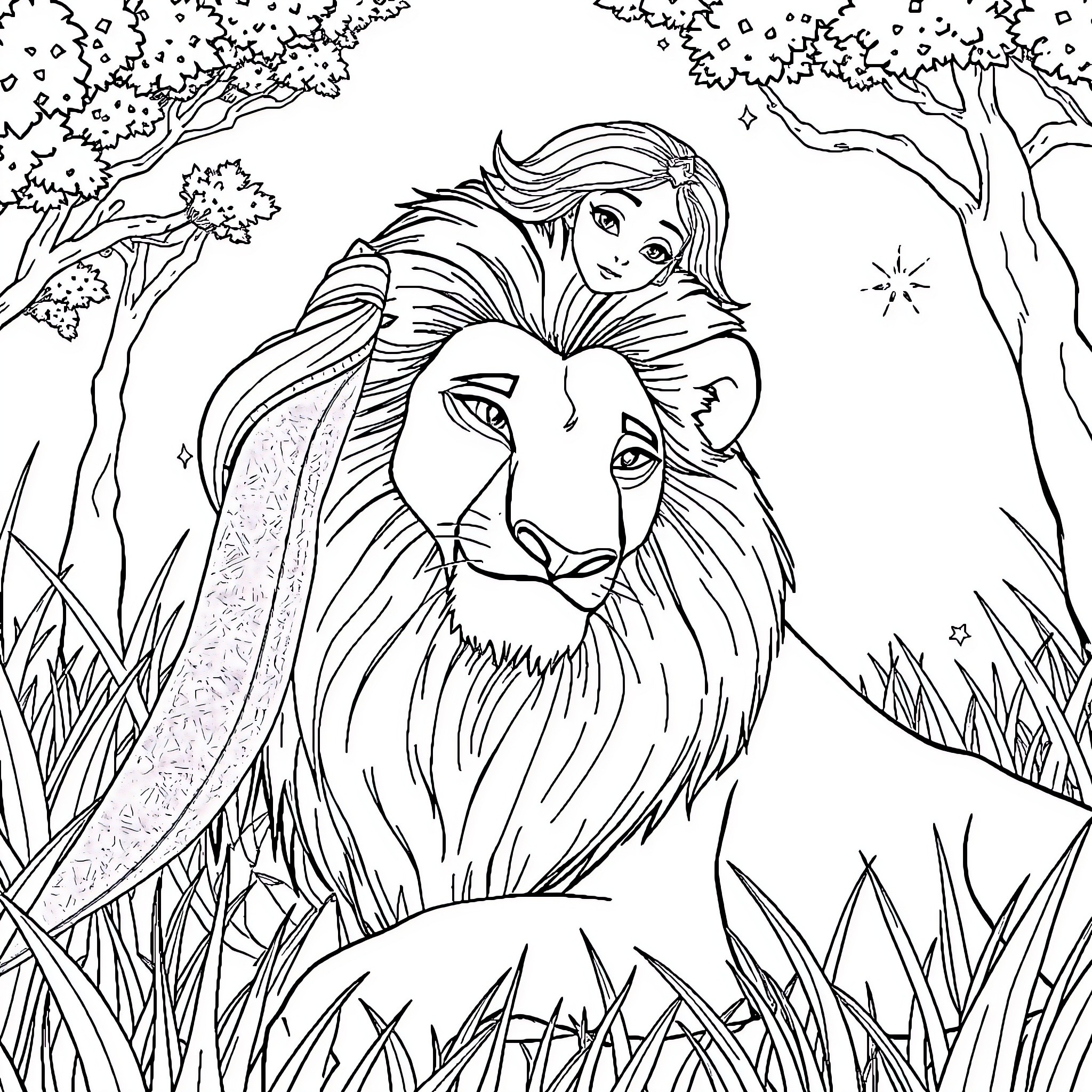 Queen in the Enchanted Forest with Majestic Lion Coloring Page (free black-and-white line drawing printable PDF for all, from beginners to advanced learners, including children, teens, adults, and seniors)