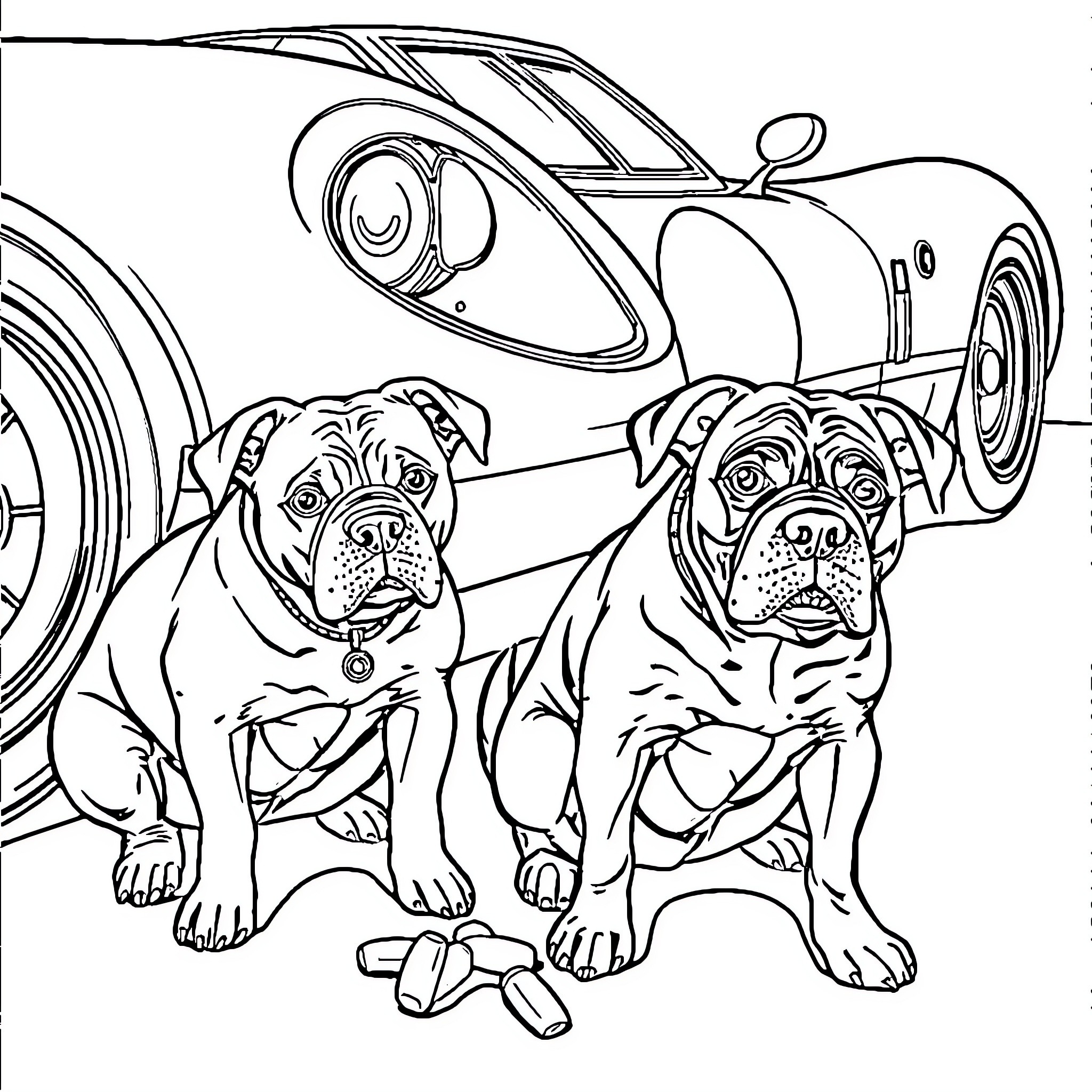 Dog companions riding in a classic car Coloring Page (free black-and-white line drawing printable PDF for all, from beginners to advanced learners, including children, teens, adults, and seniors)