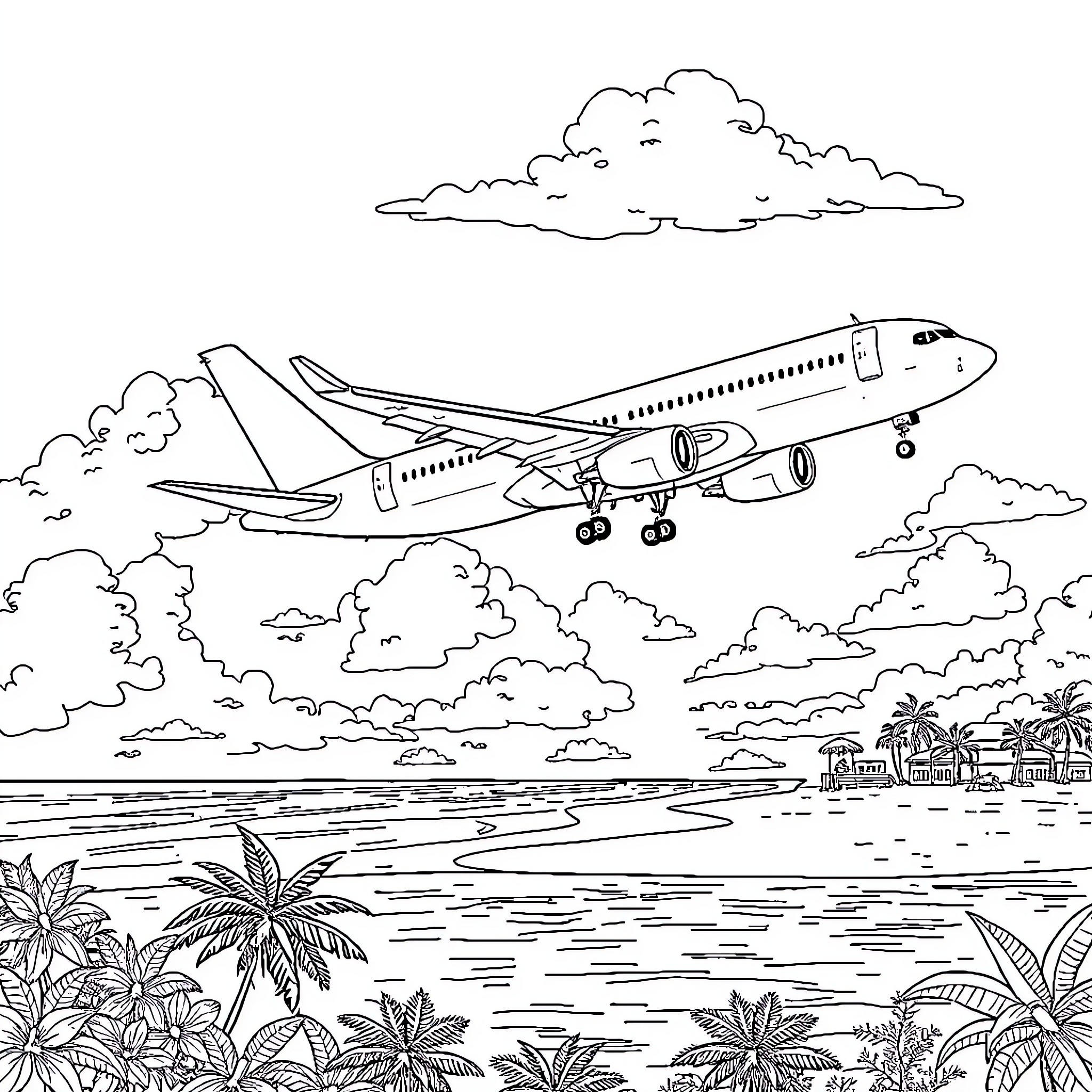 Airplane flying over tropical landscape Coloring Page (free black-and-white line drawing printable PDF for all, from beginners to advanced learners, including children, teens, adults, and seniors)
