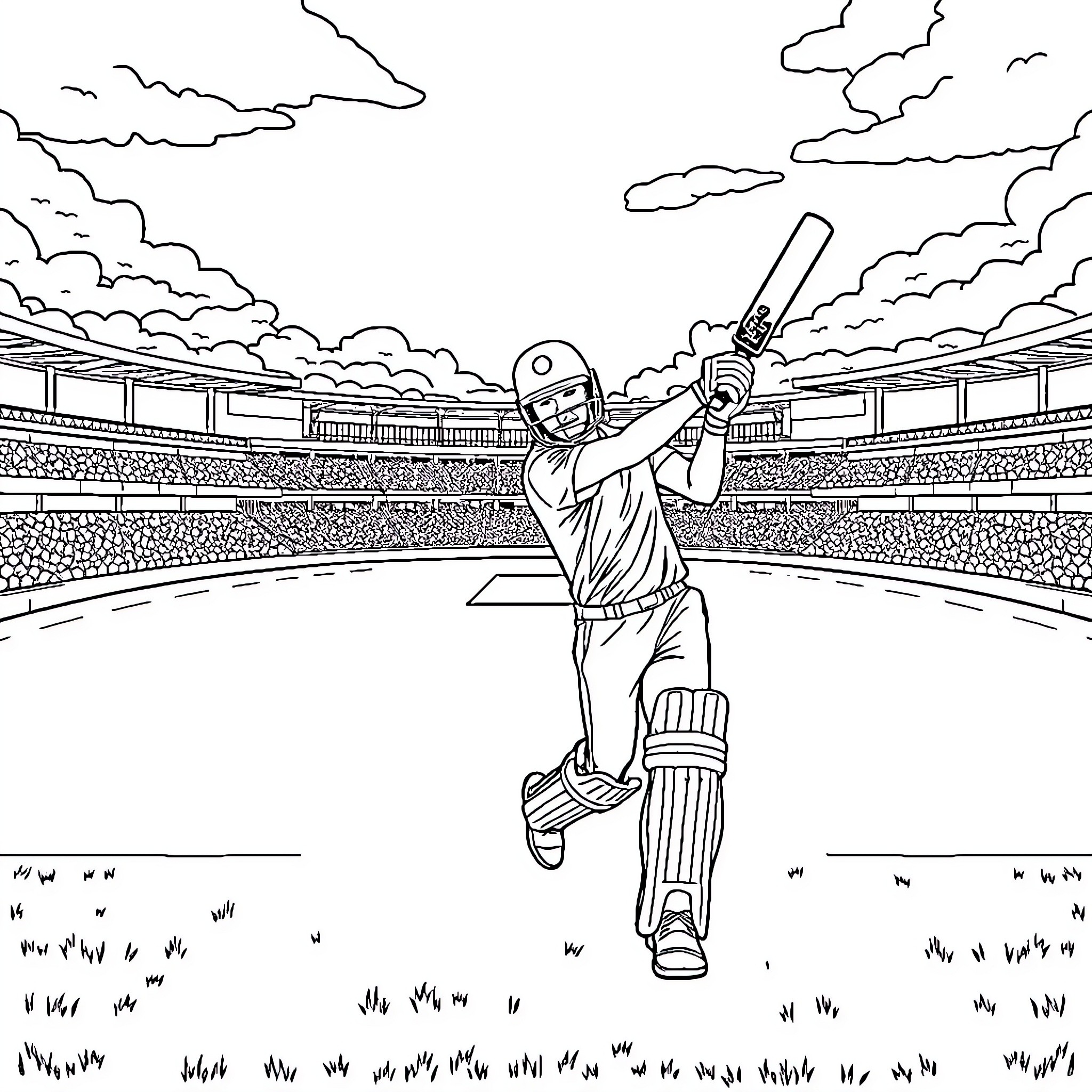 Cricket player batting in stadium Coloring Page (free black-and-white line drawing printable PDF for all, from beginners to advanced learners, including children, teens, adults, and seniors)