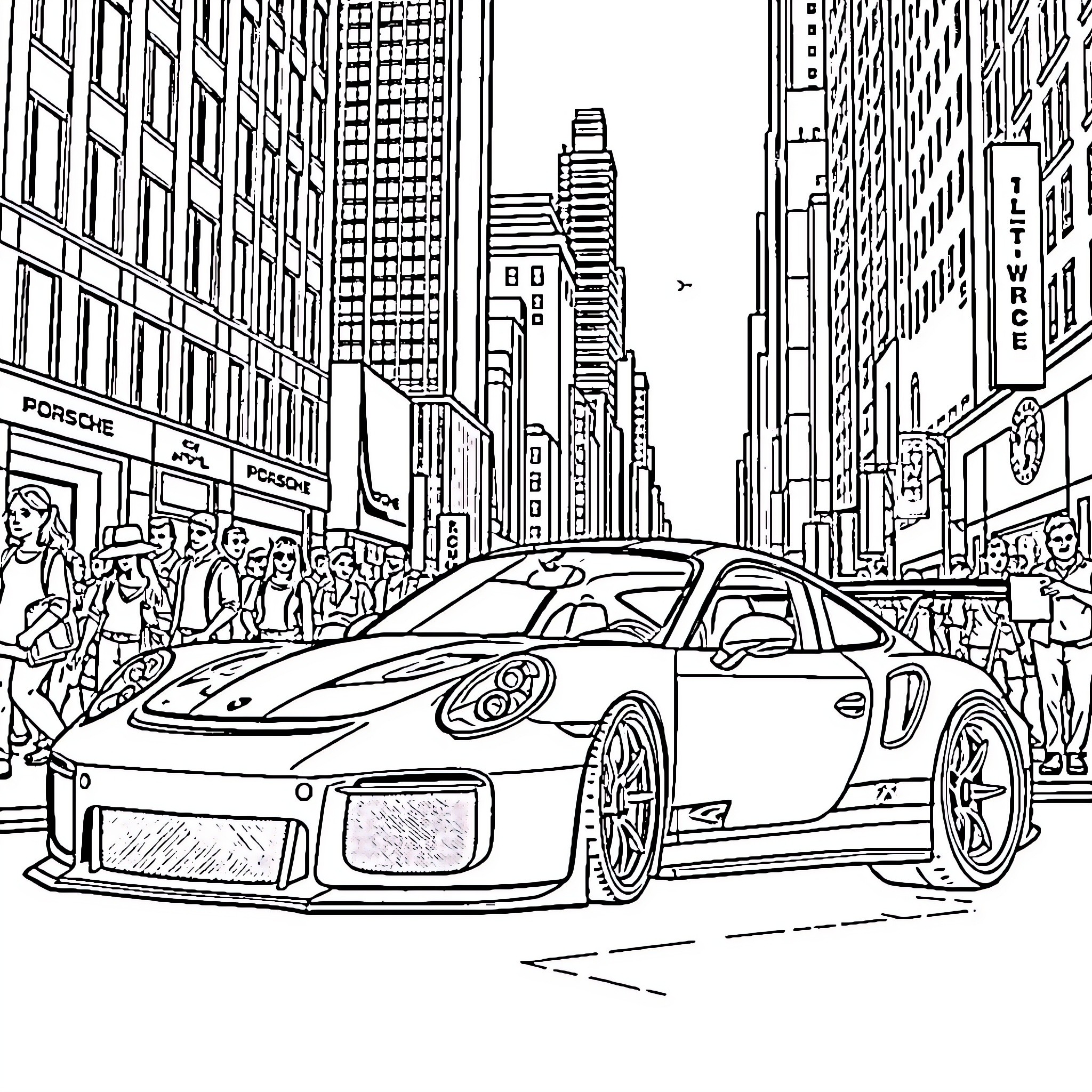 Porsche sports car in bustling city street Coloring Page (free black-and-white line drawing printable PDF for all, from beginners to advanced learners, including children, teens, adults, and seniors)