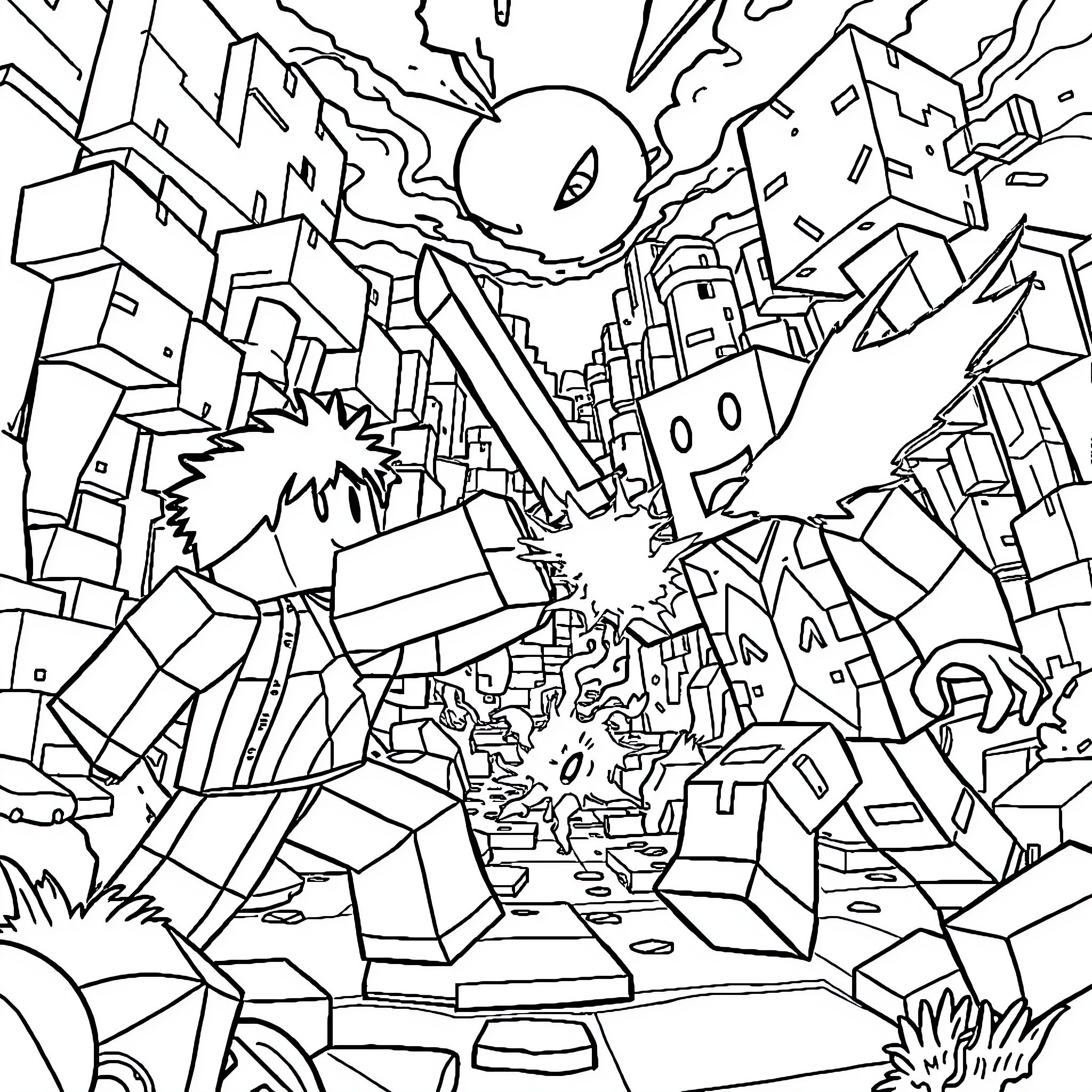Character battles against an alien invasion in a dystopian city Coloring Page (free black-and-white line drawing printable PDF for all, from beginners to advanced learners, including children, teens, adults, and seniors)