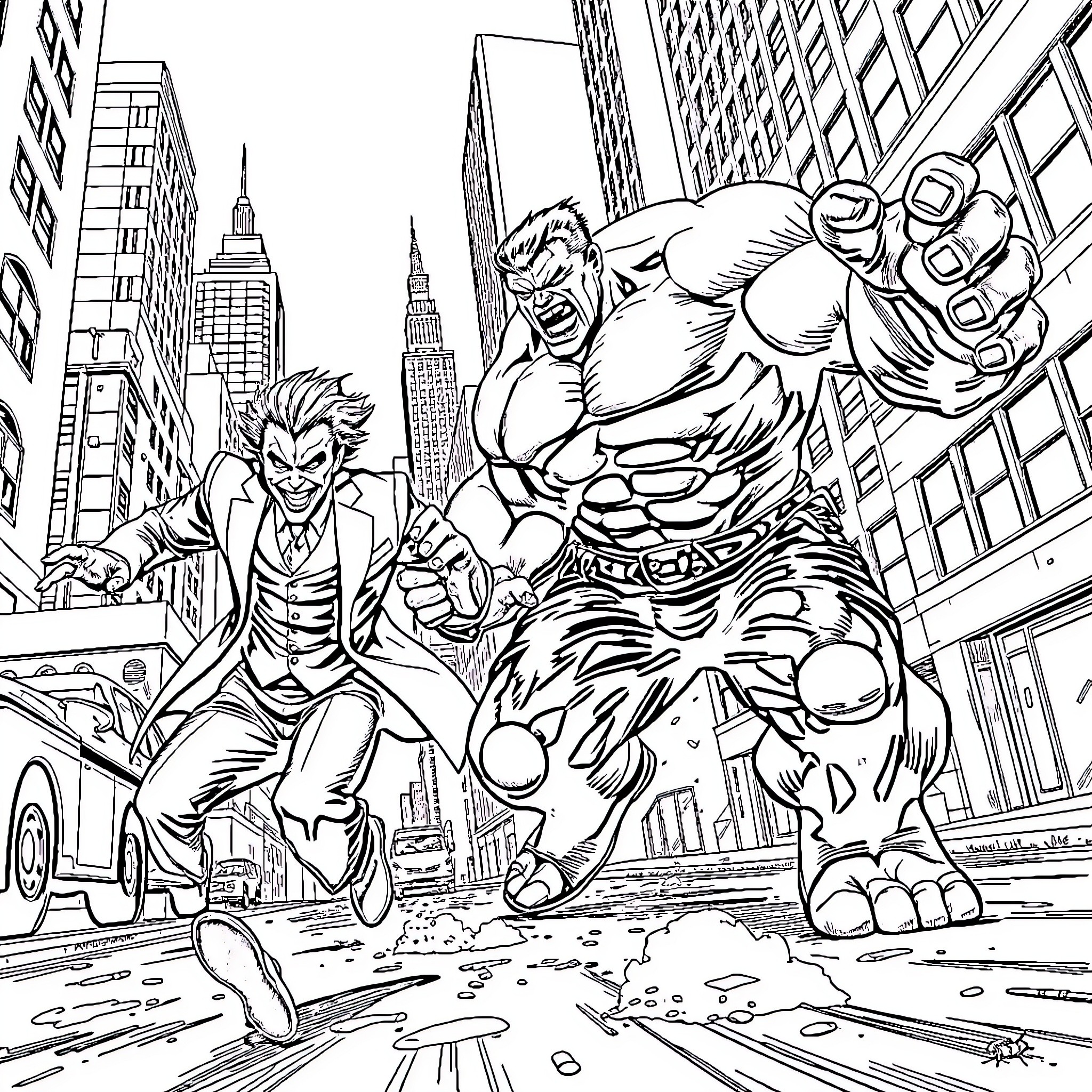 Joker confronting a powerful villain in the city Coloring Page (free black-and-white line drawing printable PDF for all, from beginners to advanced learners, including children, teens, adults, and seniors)