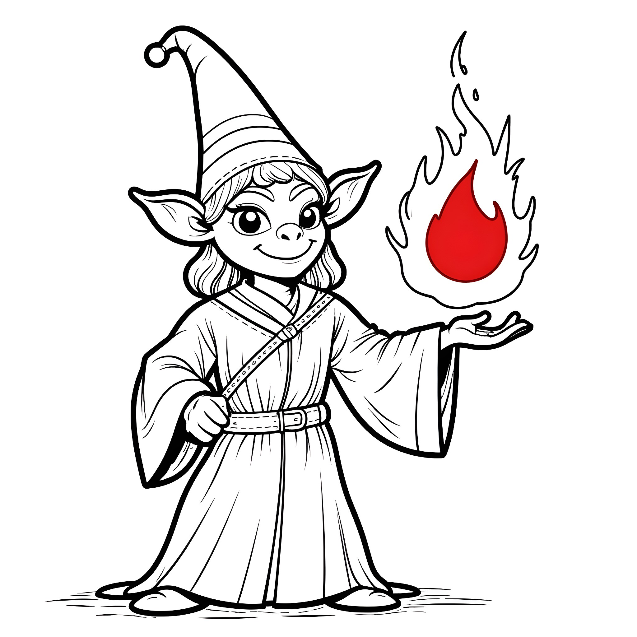 Goblin Wizard Conjuring Magical Flame Coloring Page (free black-and-white line drawing printable PDF for all, from beginners to advanced learners, including children, teens, adults, and seniors)