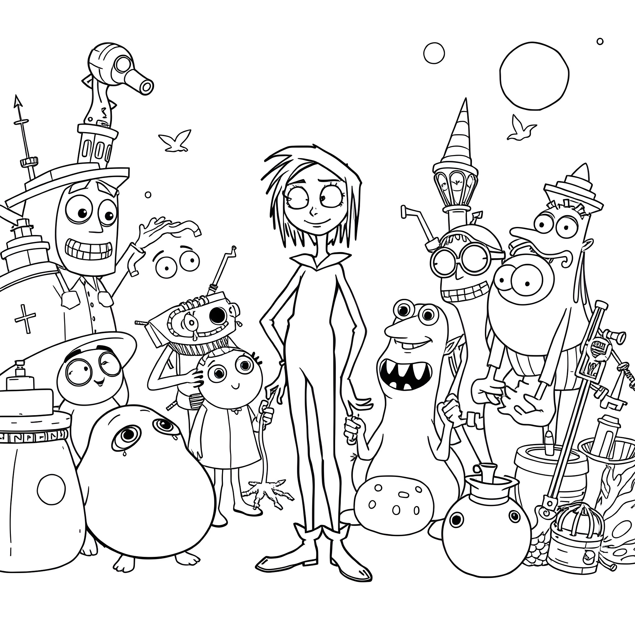 Coraline and her quirky, whimsical companions Coloring Page (free black-and-white line drawing printable PDF for all, from beginners to advanced learners, including children, teens, adults, and seniors)