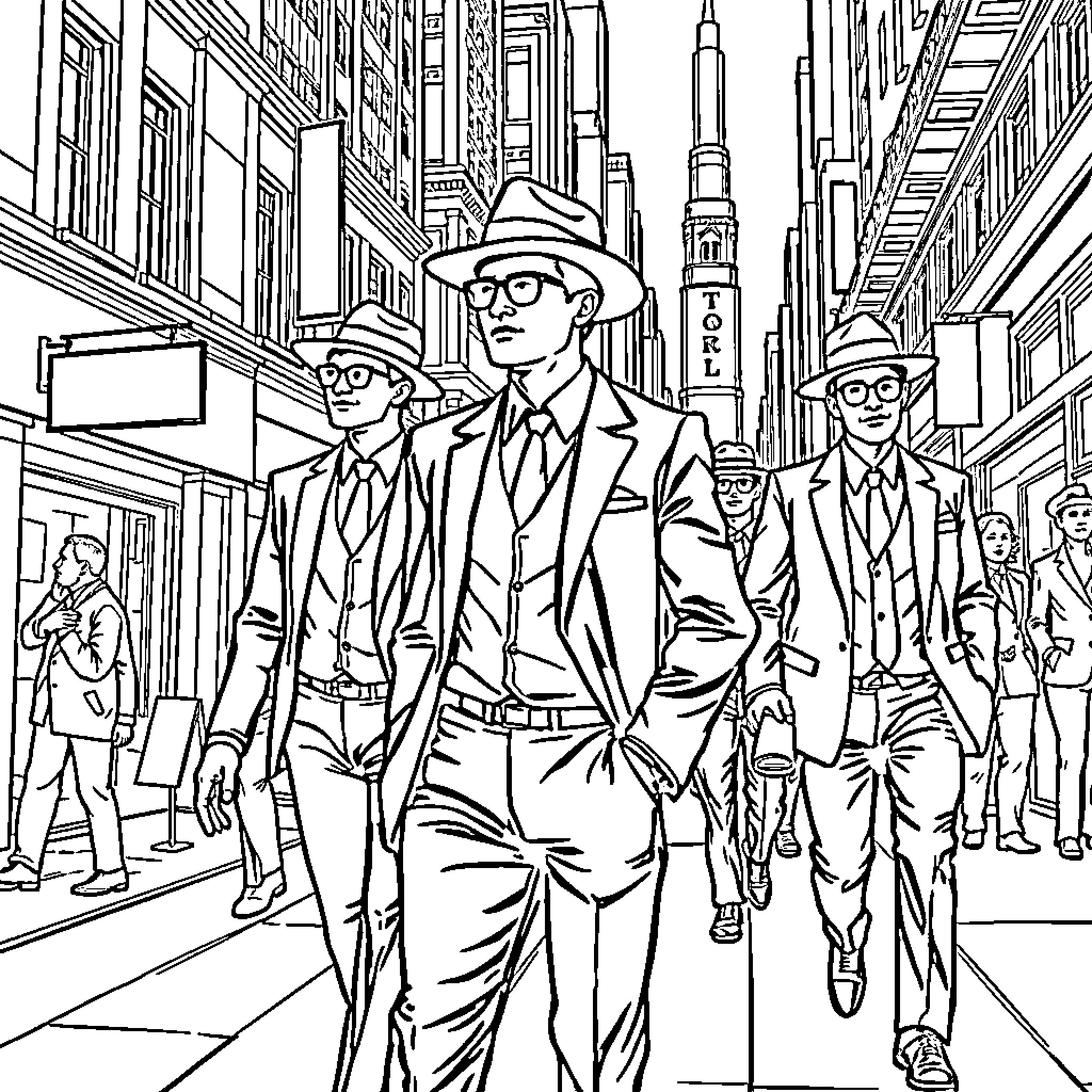 Swordsmen in suits walking through busy city street Coloring Page (free black-and-white line drawing printable PDF for all, from beginners to advanced learners, including children, teens, adults, and seniors)