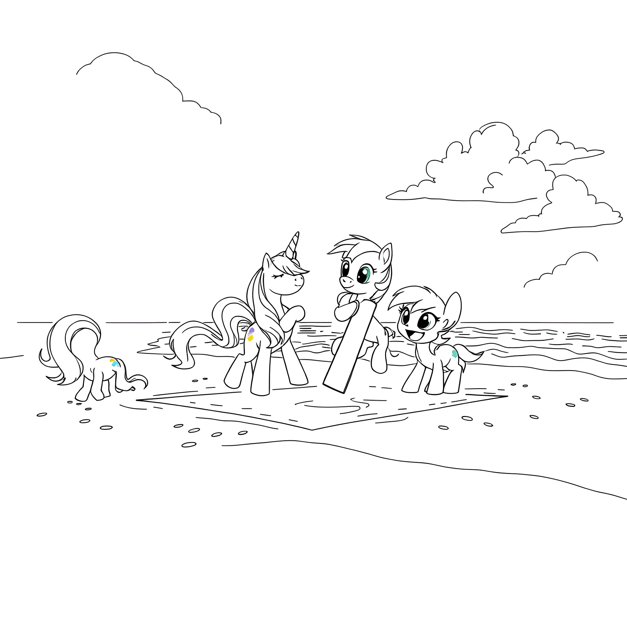 Pony friends enjoying playtime on the beach Coloring Page (free black-and-white line drawing printable PDF for all, from beginners to advanced learners, including children, teens, adults, and seniors)