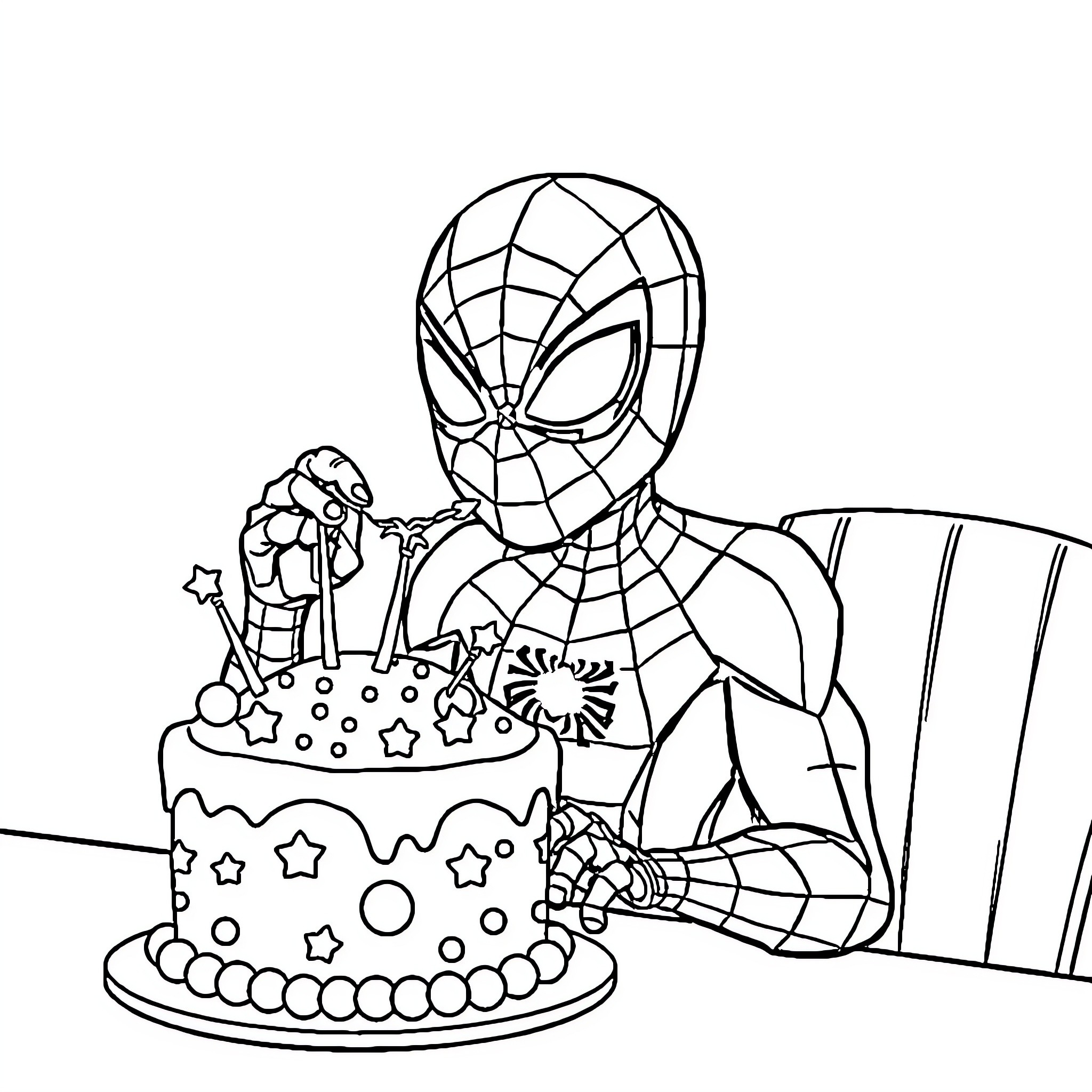 Spiderman admiring his birthday cake Coloring Page (free black-and-white line drawing printable PDF for all, from beginners to advanced learners, including children, teens, adults, and seniors)