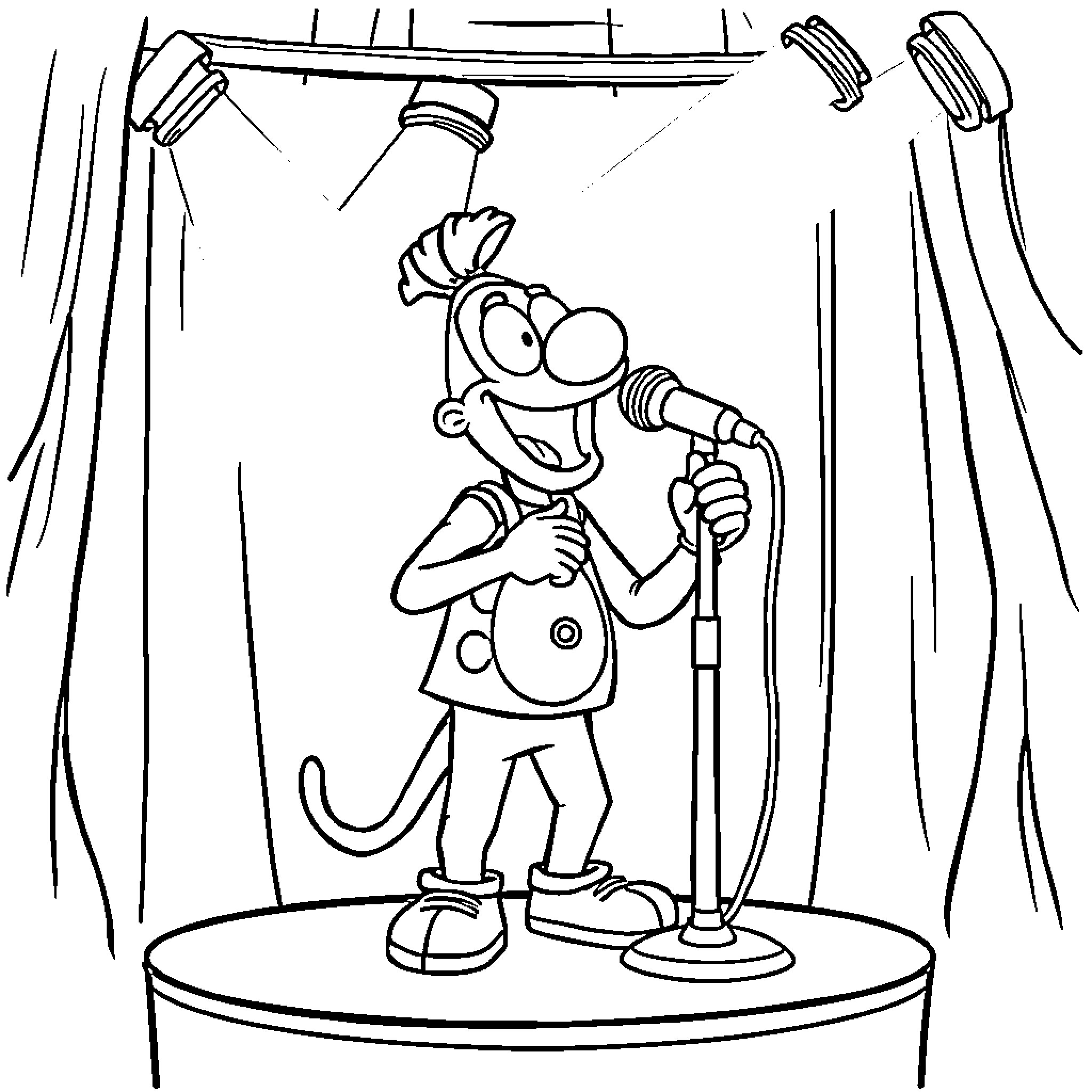Gonzo performing on stage with microphone Coloring Page (free black-and-white line drawing printable PDF for all, from beginners to advanced learners, including children, teens, adults, and seniors)