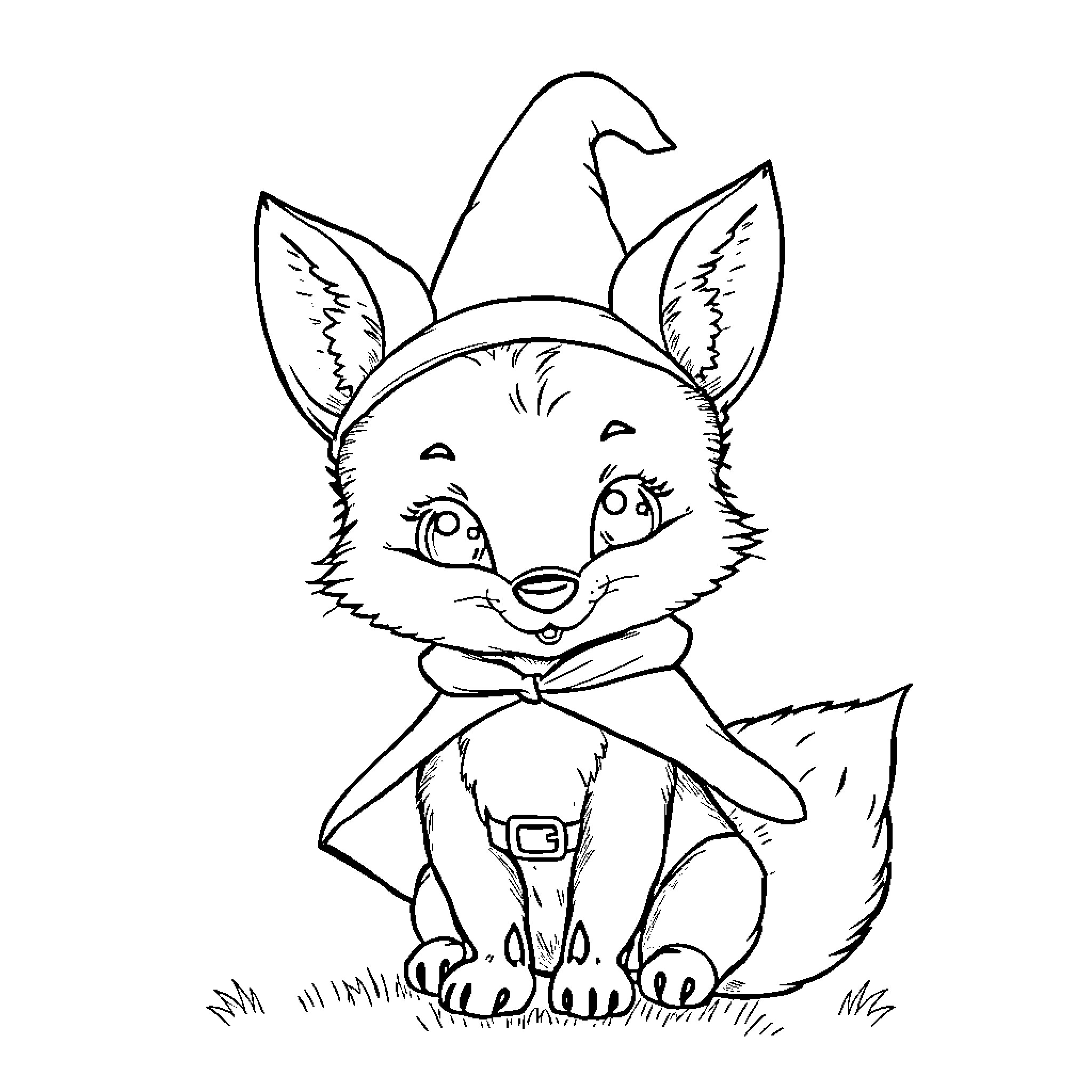 Fox in a Jaunty Costume on the Grassy Meadow Coloring Page (free black-and-white line drawing printable PDF for all, from beginners to advanced learners, including children, teens, adults, and seniors)