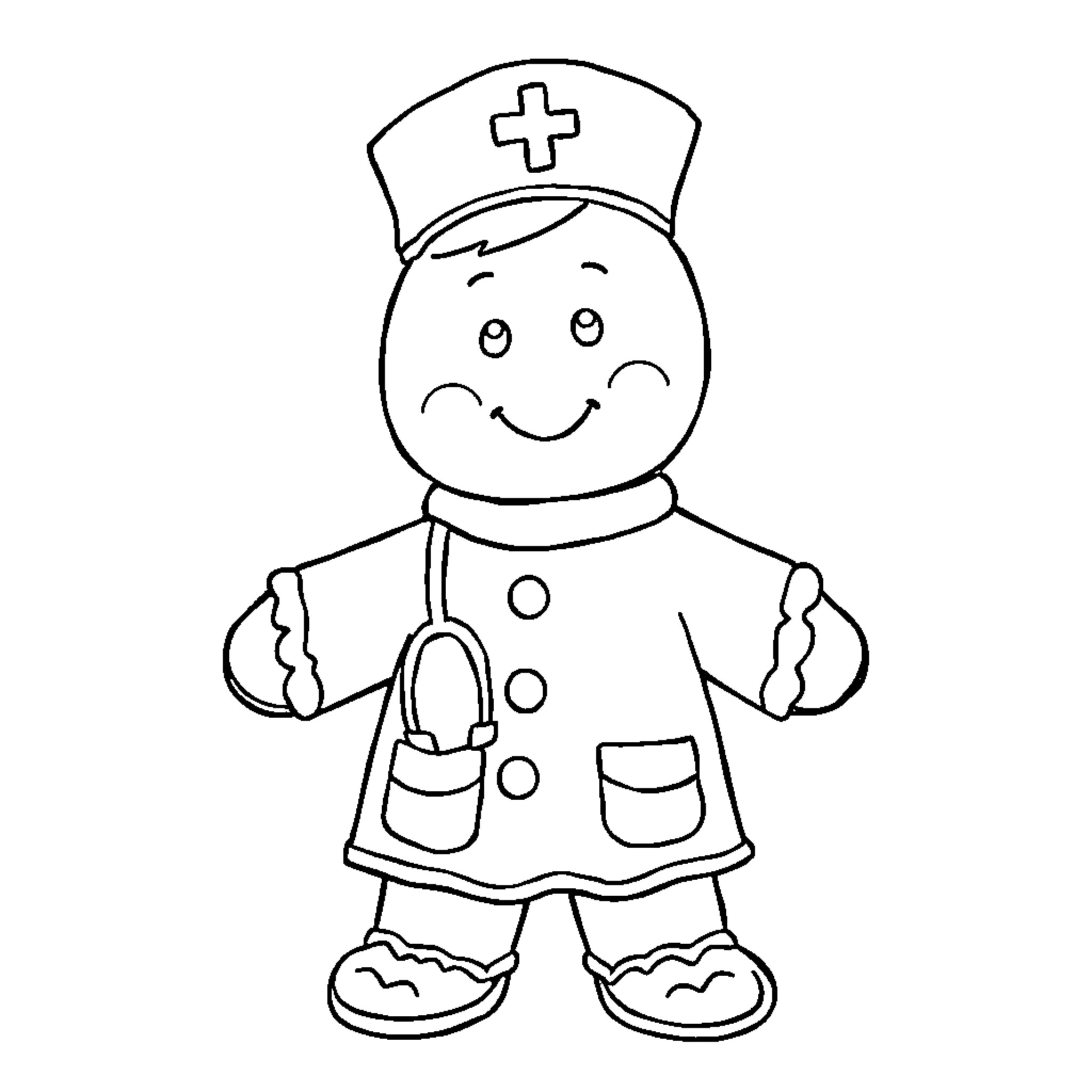 Gingerbread Man Dressed as a Nurse Coloring Page (free black-and-white line drawing printable PDF for all, from beginners to advanced learners, including children, teens, adults, and seniors)
