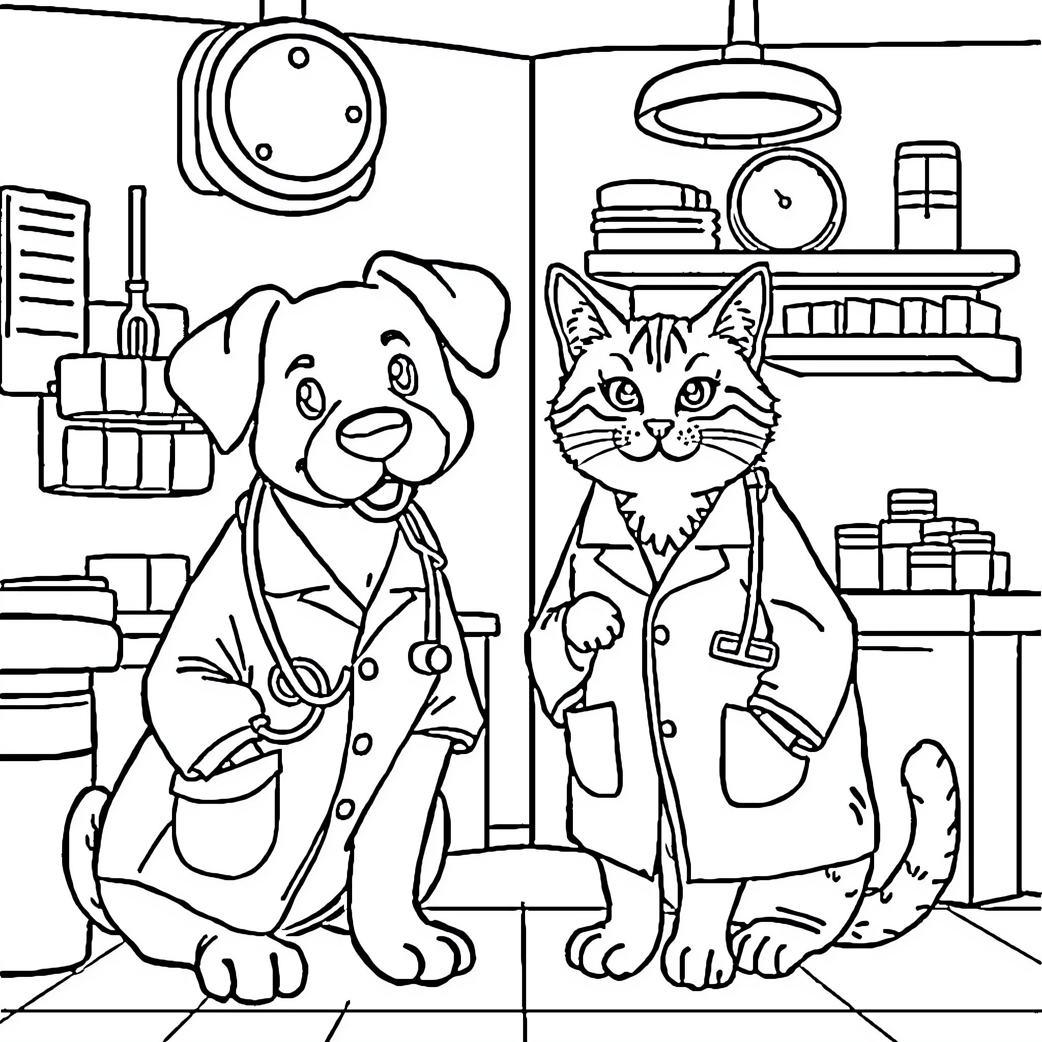 Dog and Cat Dressed as Doctors in a Medical Office Coloring Page (free black-and-white line drawing printable PDF for all, from beginners to advanced learners, including children, teens, adults, and seniors)
