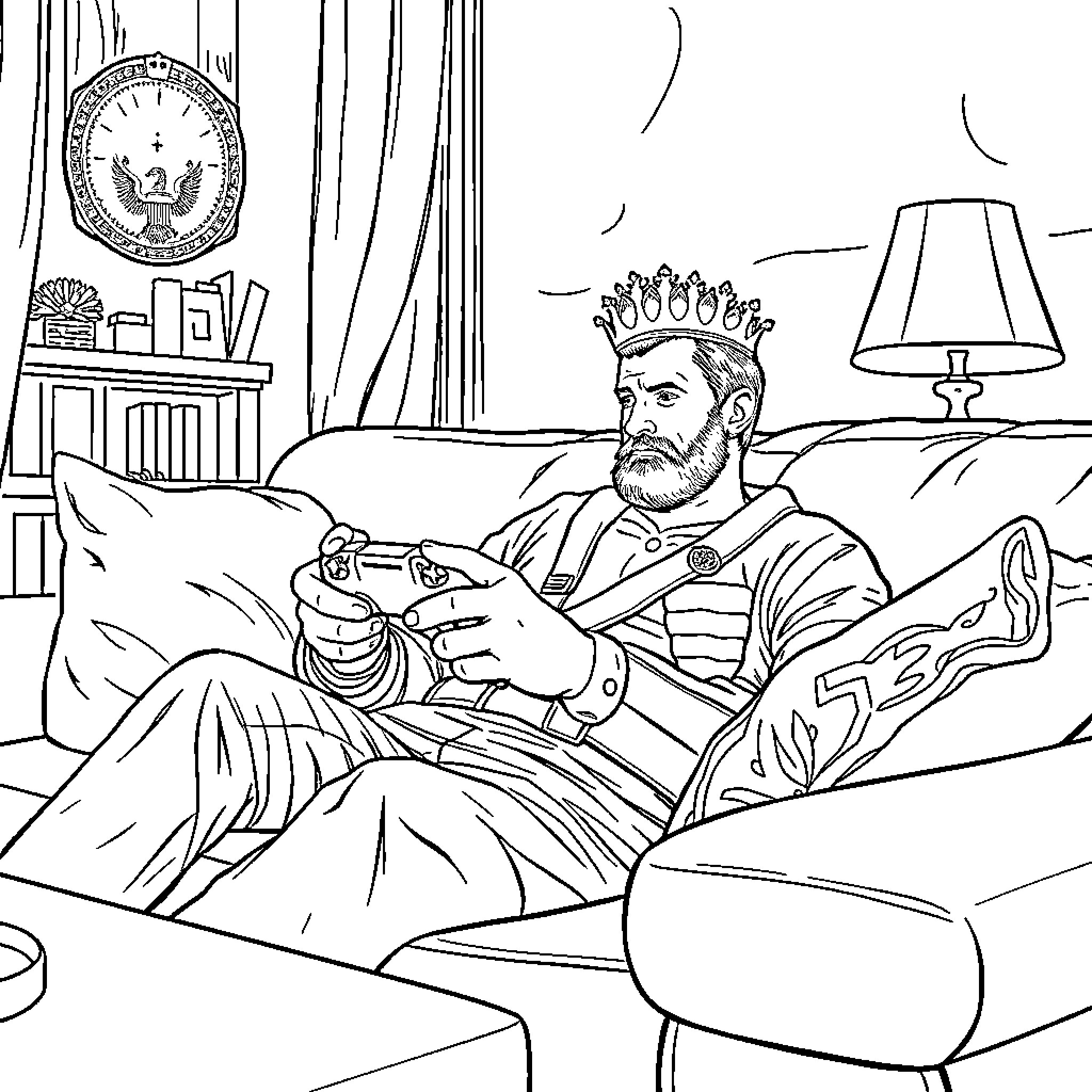 King Relaxing in Luxurious Chamber Coloring Page (free black-and-white line drawing printable PDF for all, from beginners to advanced learners, including children, teens, adults, and seniors)
